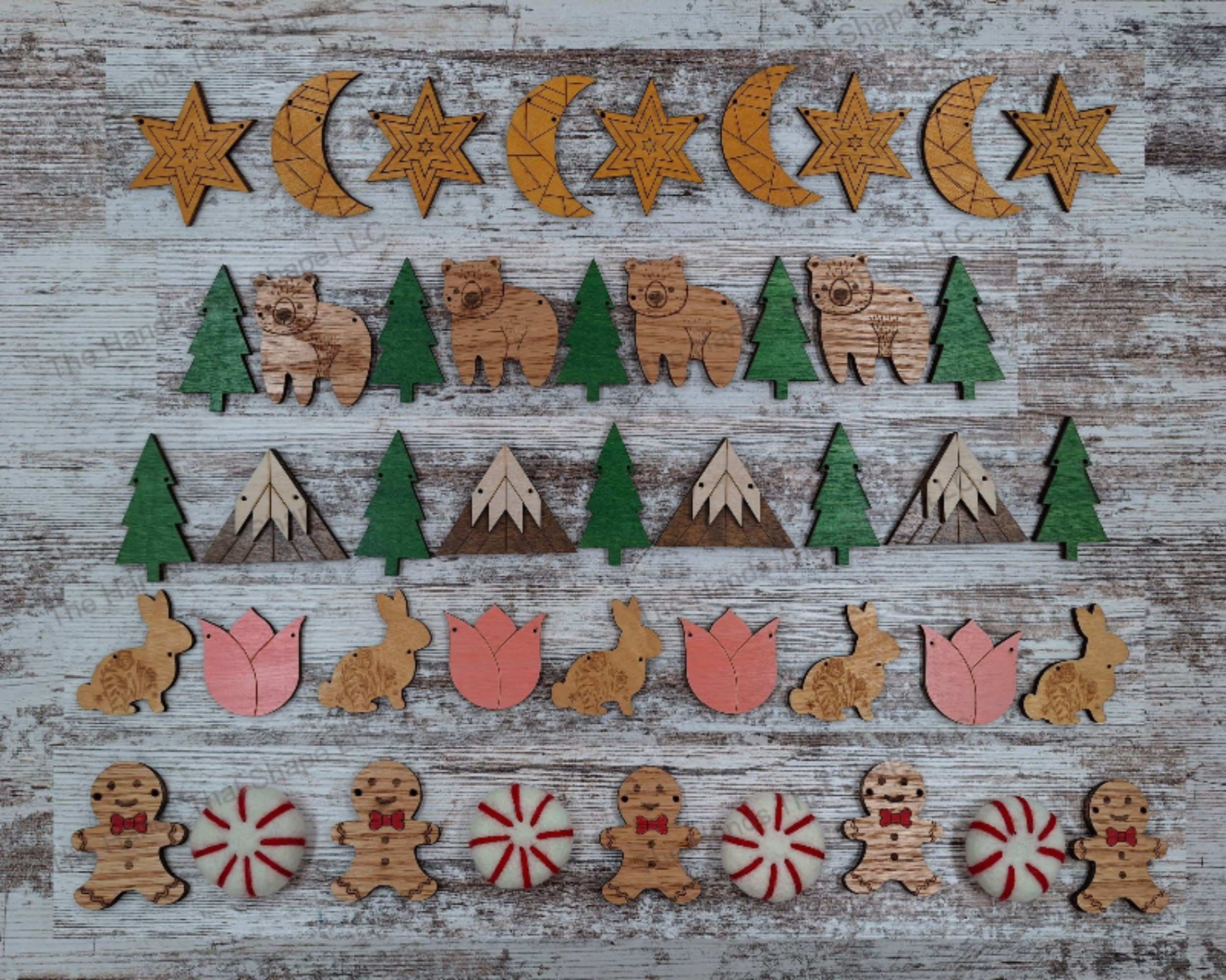 Embellishment Pattern Examples (U) Moon - (V) Star, (N) Bear - (P) Tree, (P) Tree - (O) Mountain, (W) Tulip - (X) Bunny, (A) Peppermint - (S) Gingerbread Man