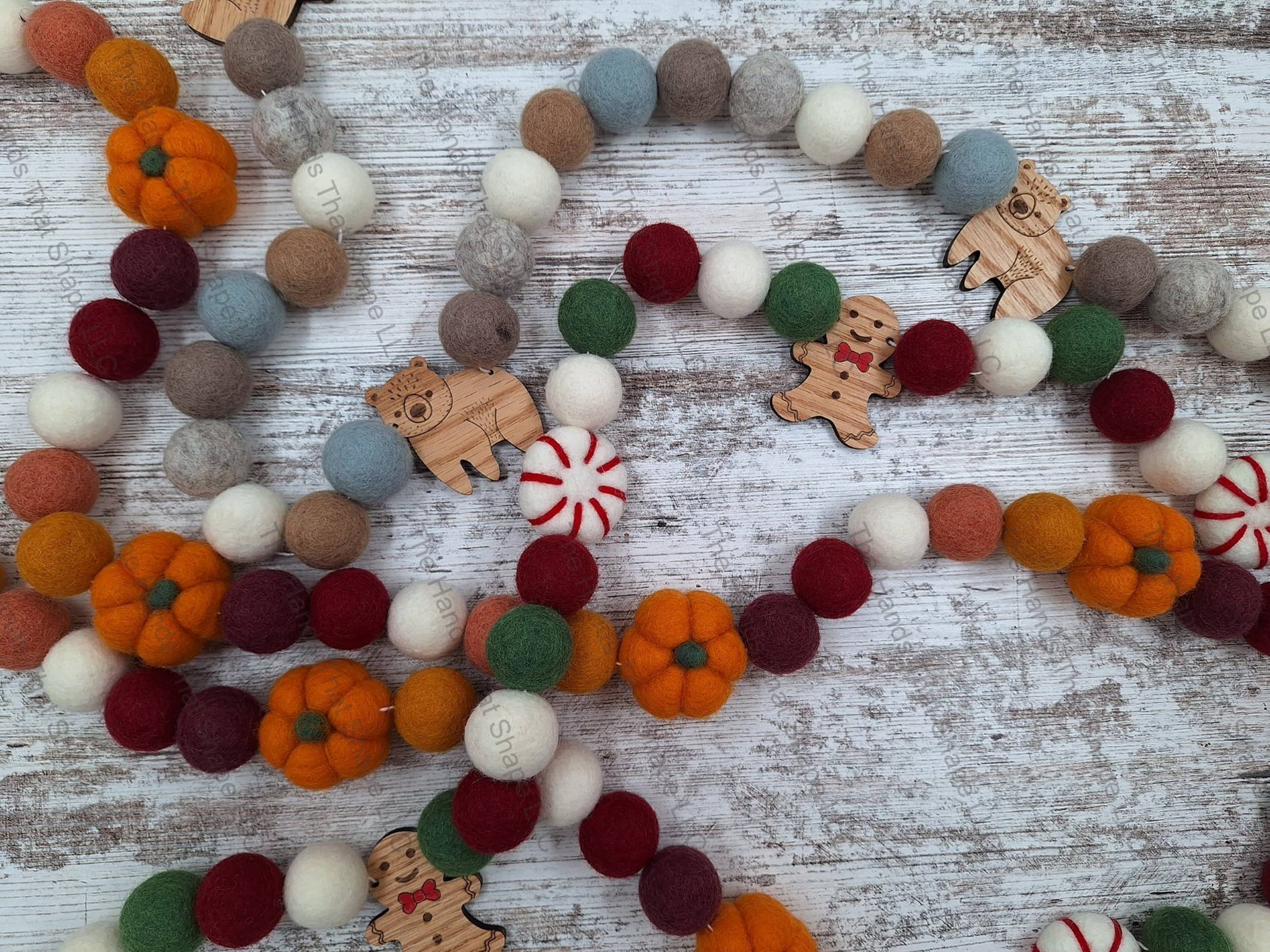 Examples of Pom Pom Garlands (with embellishments) Neutral with (N) bear, Vintage Christmas with (S) Gingerbread and (A) Peppermint, Fall with (C) Pumpkin