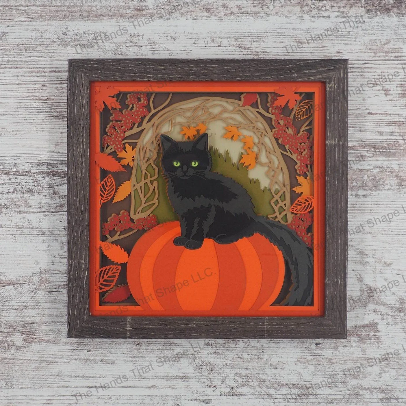 Fall Cat on Pumpkin Layered Paper Art Shadow Box