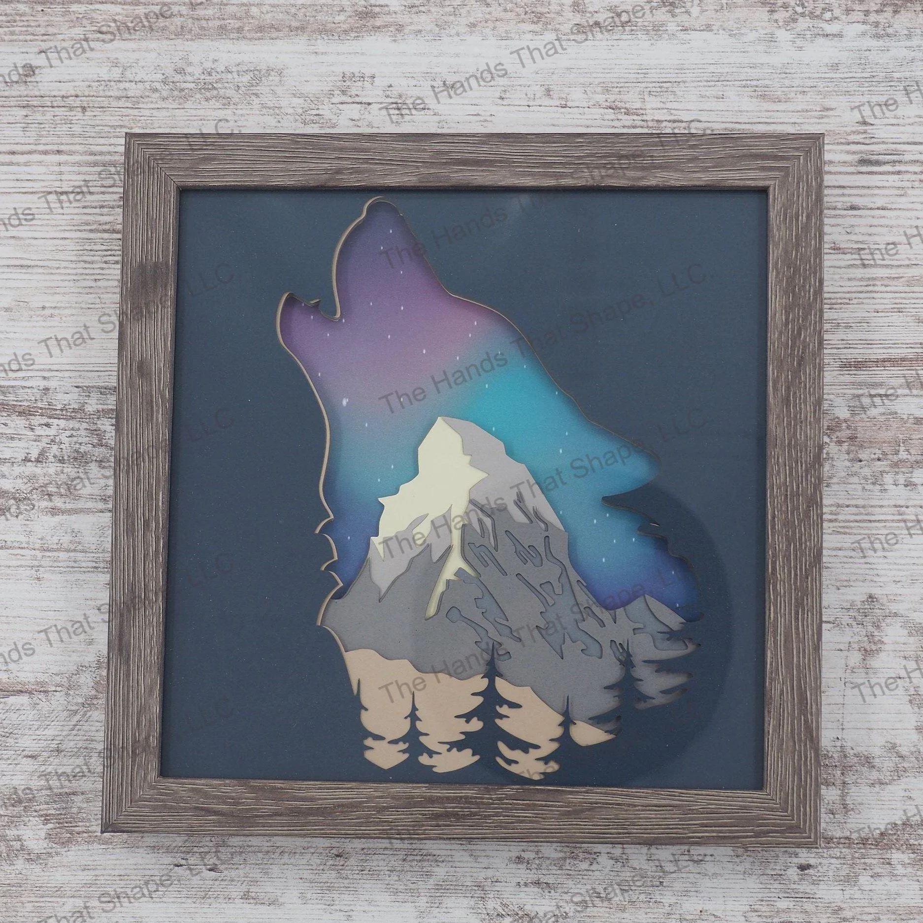 Northern Light Howling Wolf Layered Paper Art Shadow Box