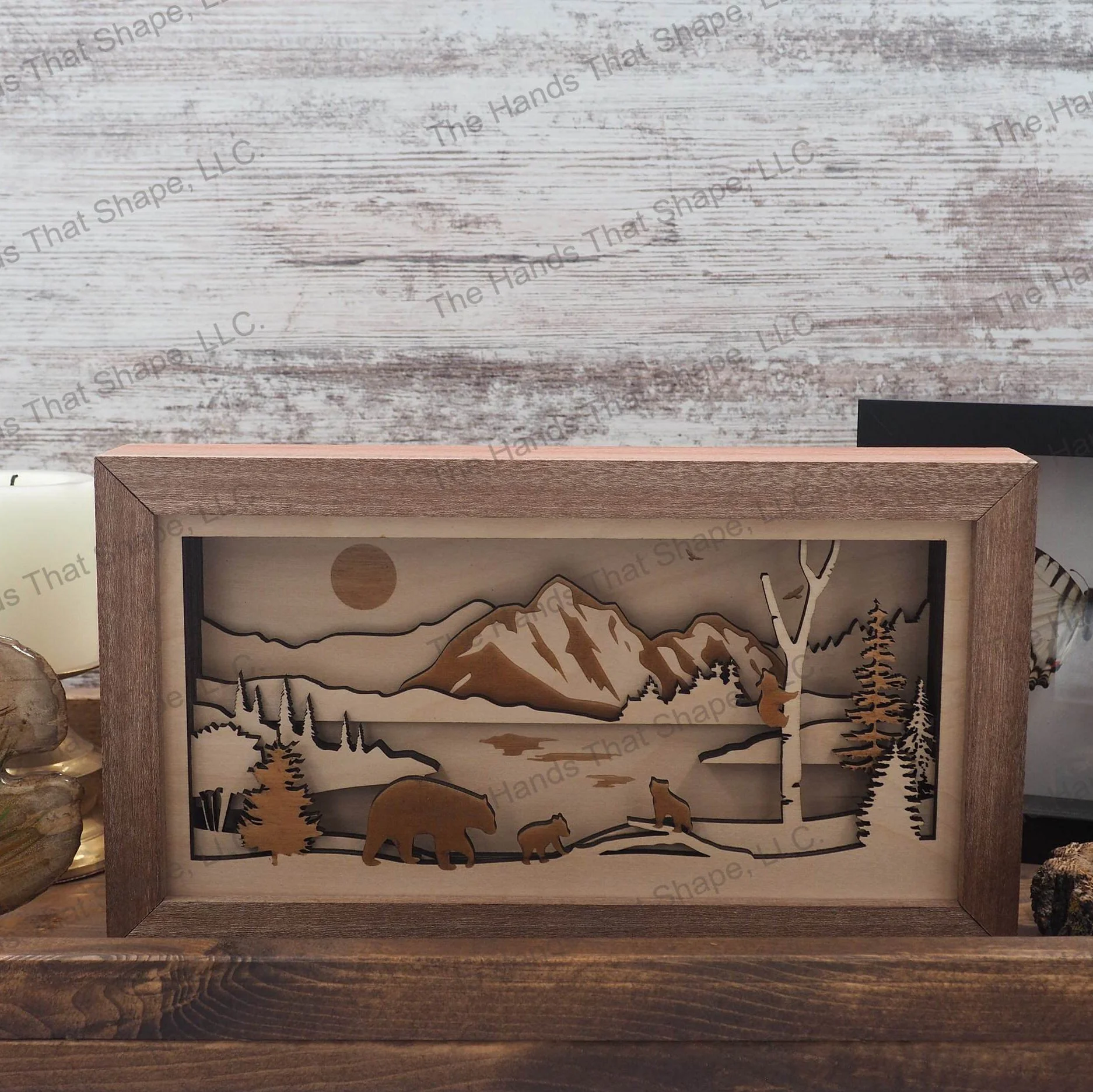 Bear Family By Lake Layered Wood Shadow Box