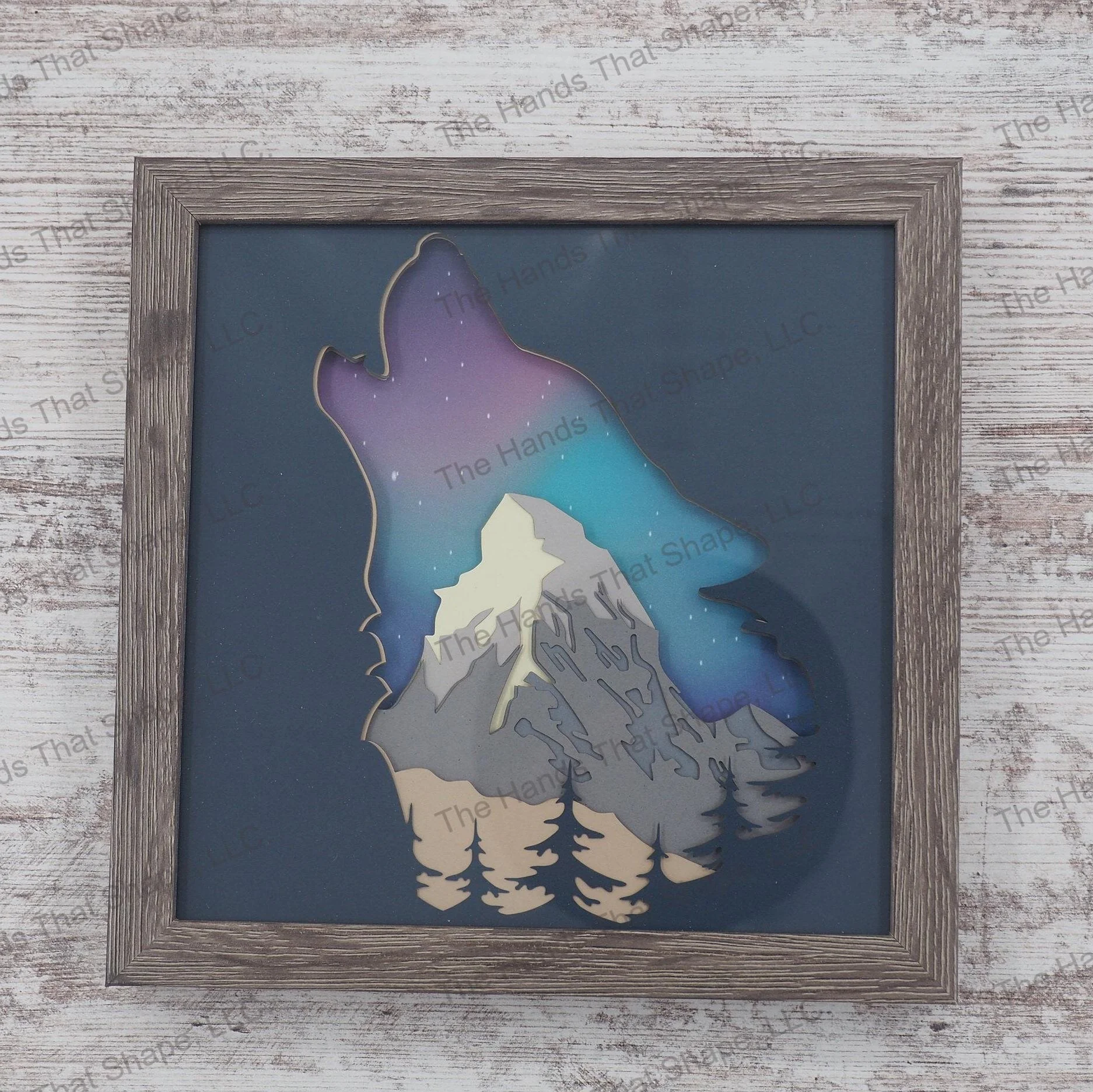 Northern Light Howling Wolf Layered Paper Art Shadow Box