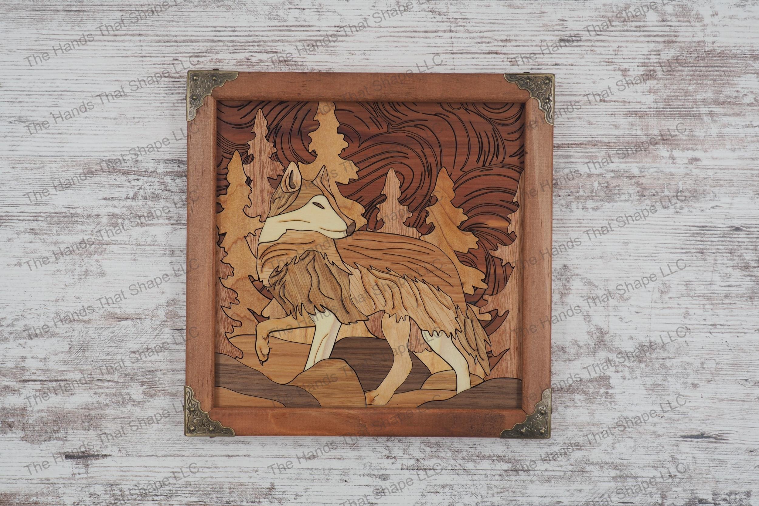 Discover the "Lone Wanderer: Wolf in the Forest" inlay wall art, using multiple types of plywoods to capture the essence of a wolf's journey through a forest.