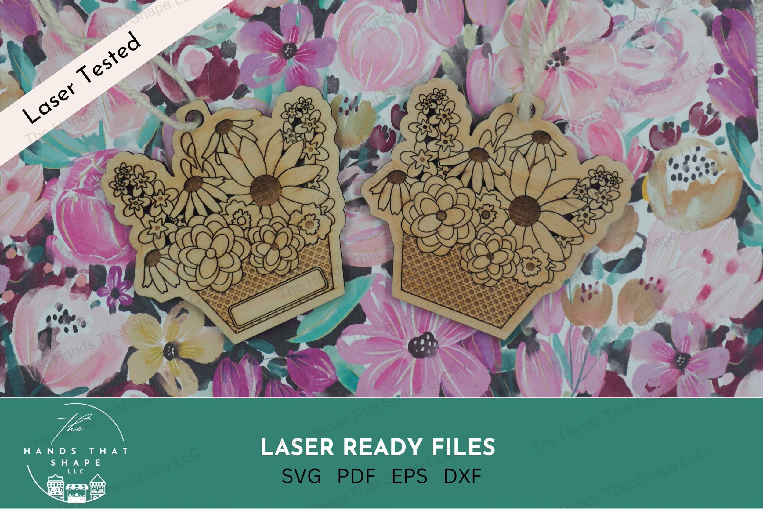 Discover the perfect laser-ready file for creating ornaments with a mix of flowers in a rattan basket design, with option to customize with names.