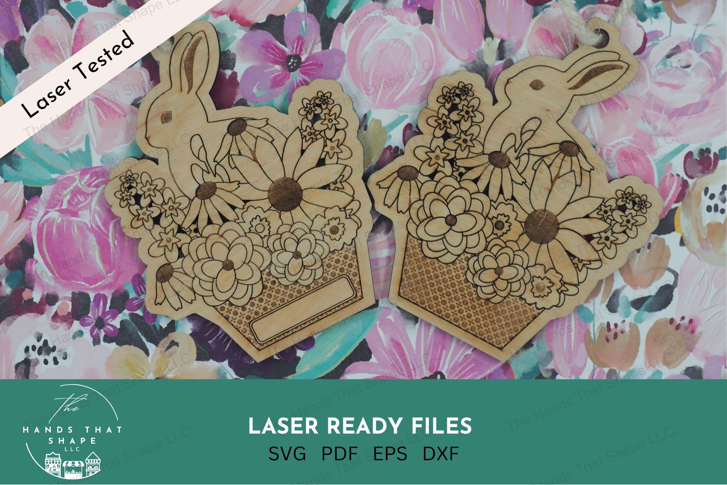 Craft charming ornaments with our laser-ready file featuring a bunny in a basket surrounded by flowers, offering two designs for customization with names.