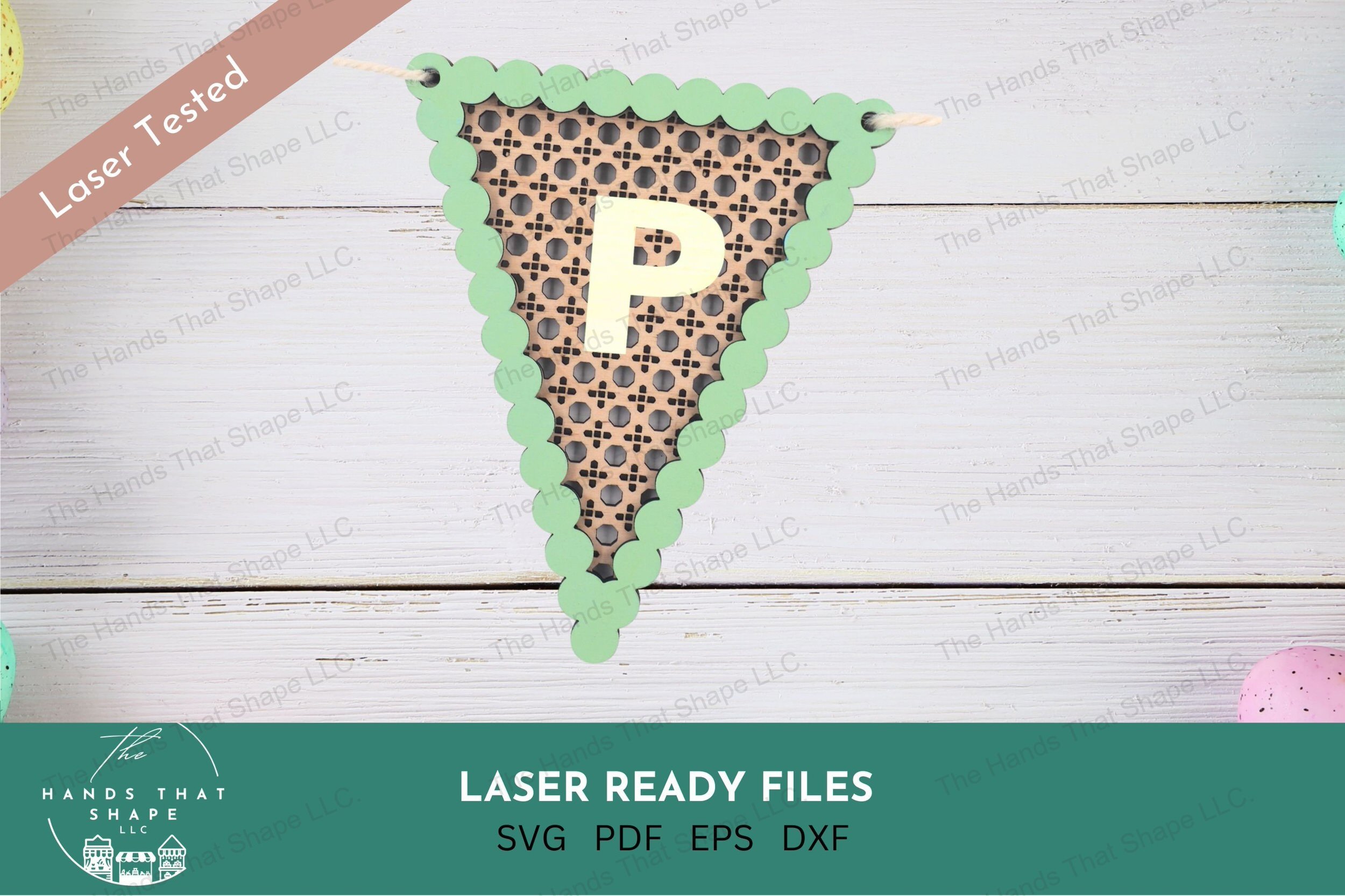 Create a stunning Easter decoration with our laser-ready file featuring a two layer rattan pattern triangular banner and 'Happy Easter' block letters.