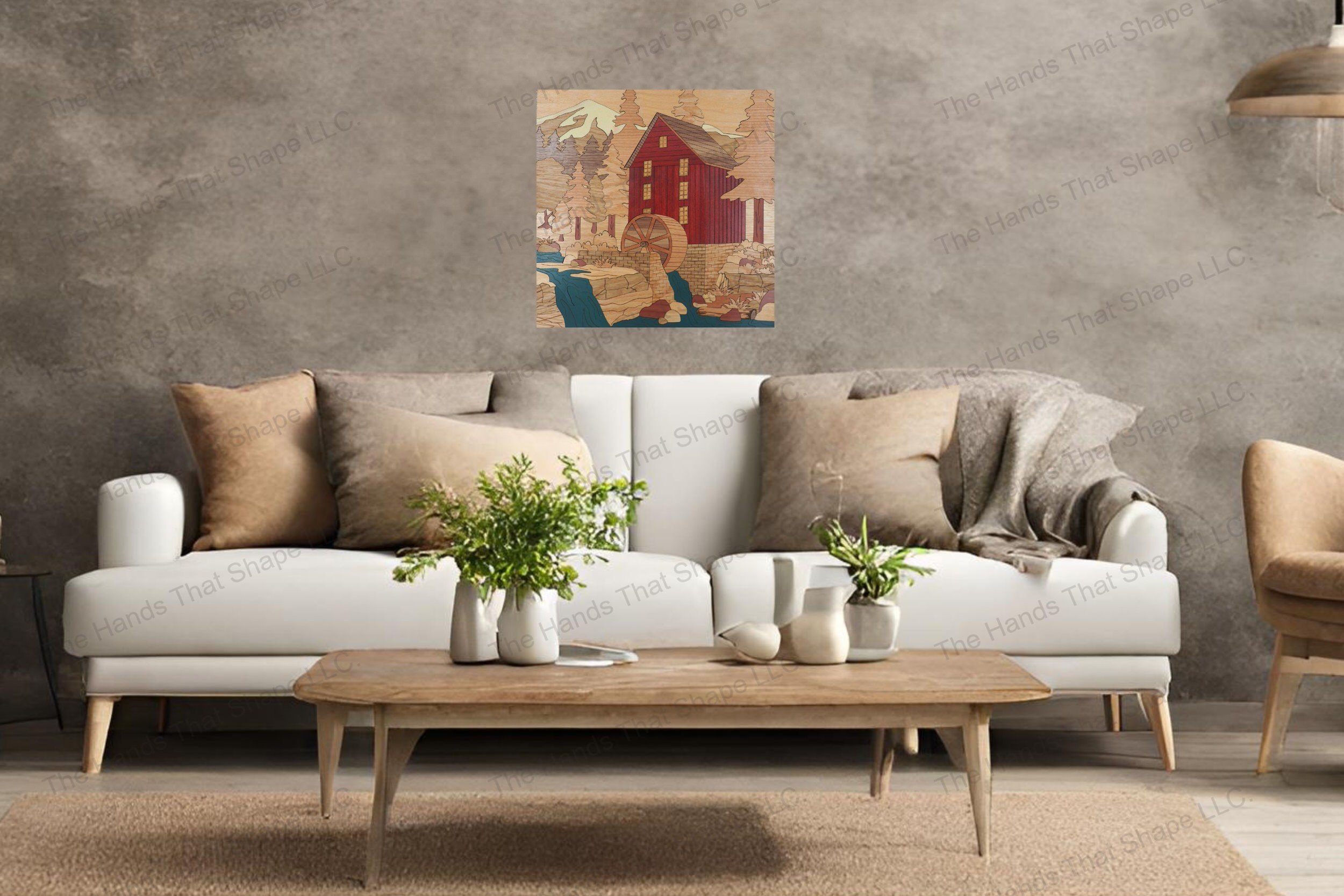Bring a touch of historical elegance to your living room with a meticulously crafted wood inlay wall art piece depicting an idyllic water mill scene.