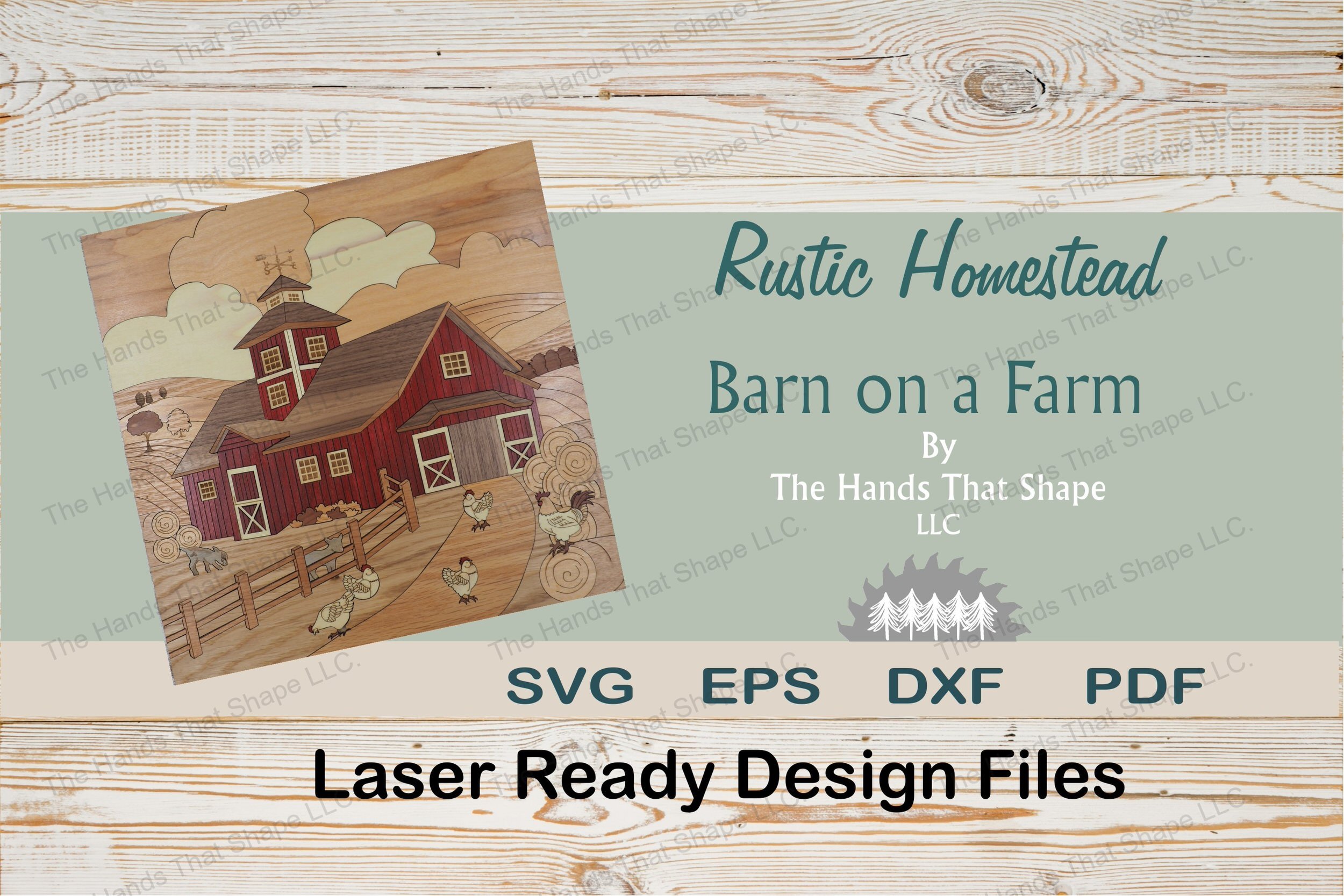 Create intricate wood inlay art of a barn scene, featuring animals, a belvedere, and rolling hills, simplified for all skill levels with score lines.