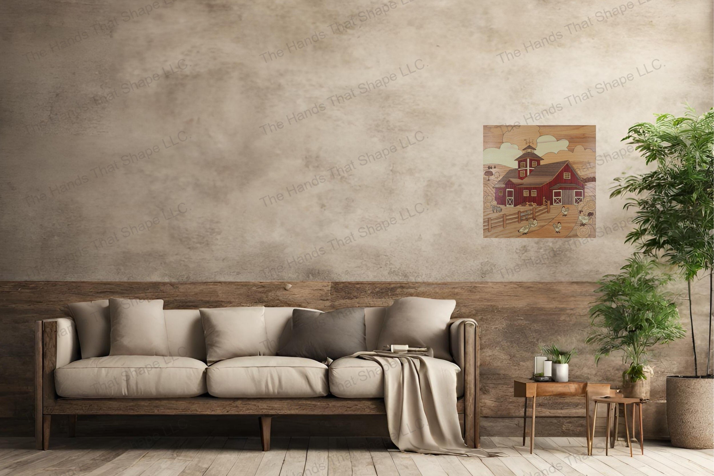 Transform your living space with rustic charm through a detailed farm scene wood inlay wall art piece, capturing the essence of countryside living.
