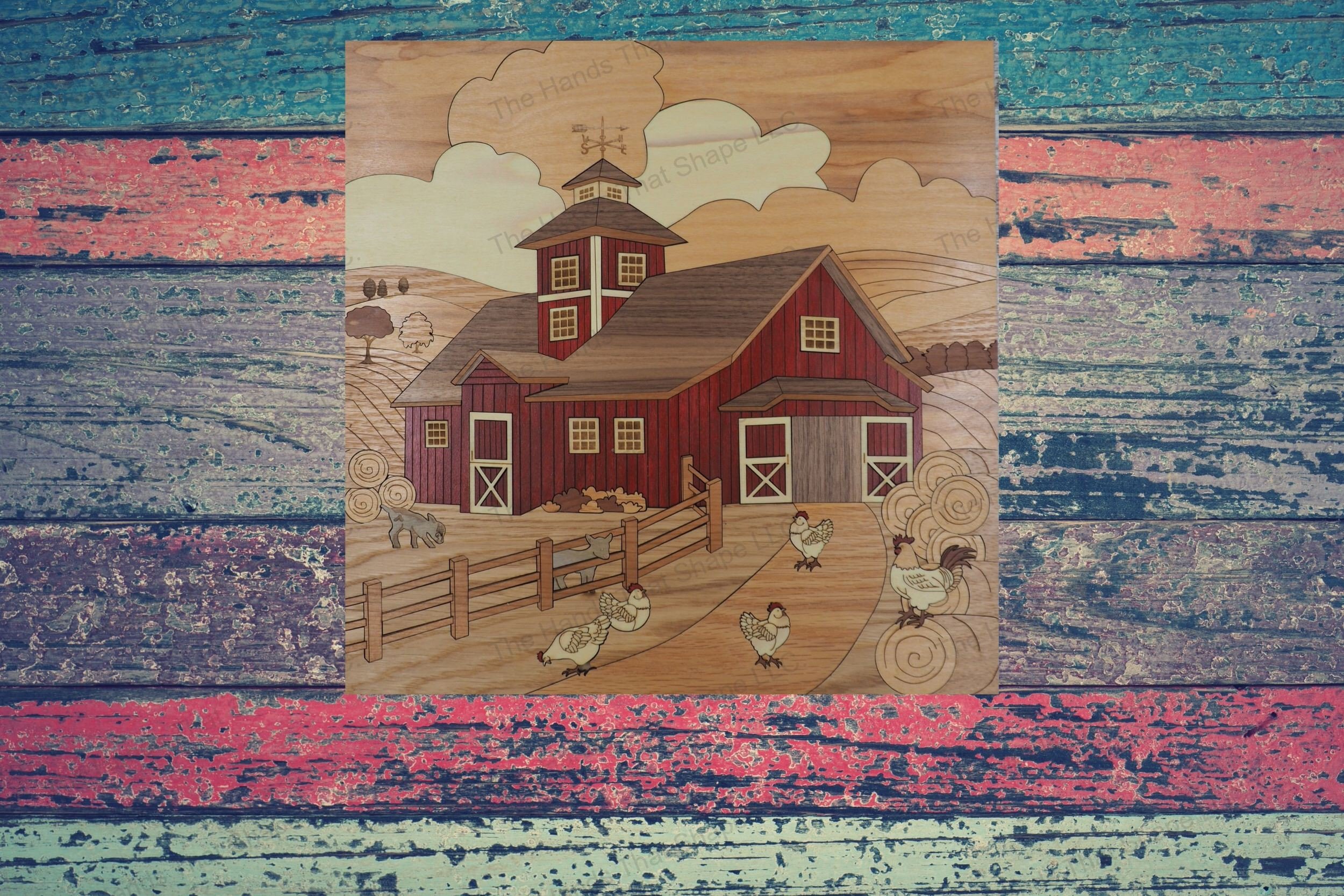Create intricate wood inlay art of a barn scene, featuring animals, a belvedere, and rolling hills, simplified for all skill levels with score lines.