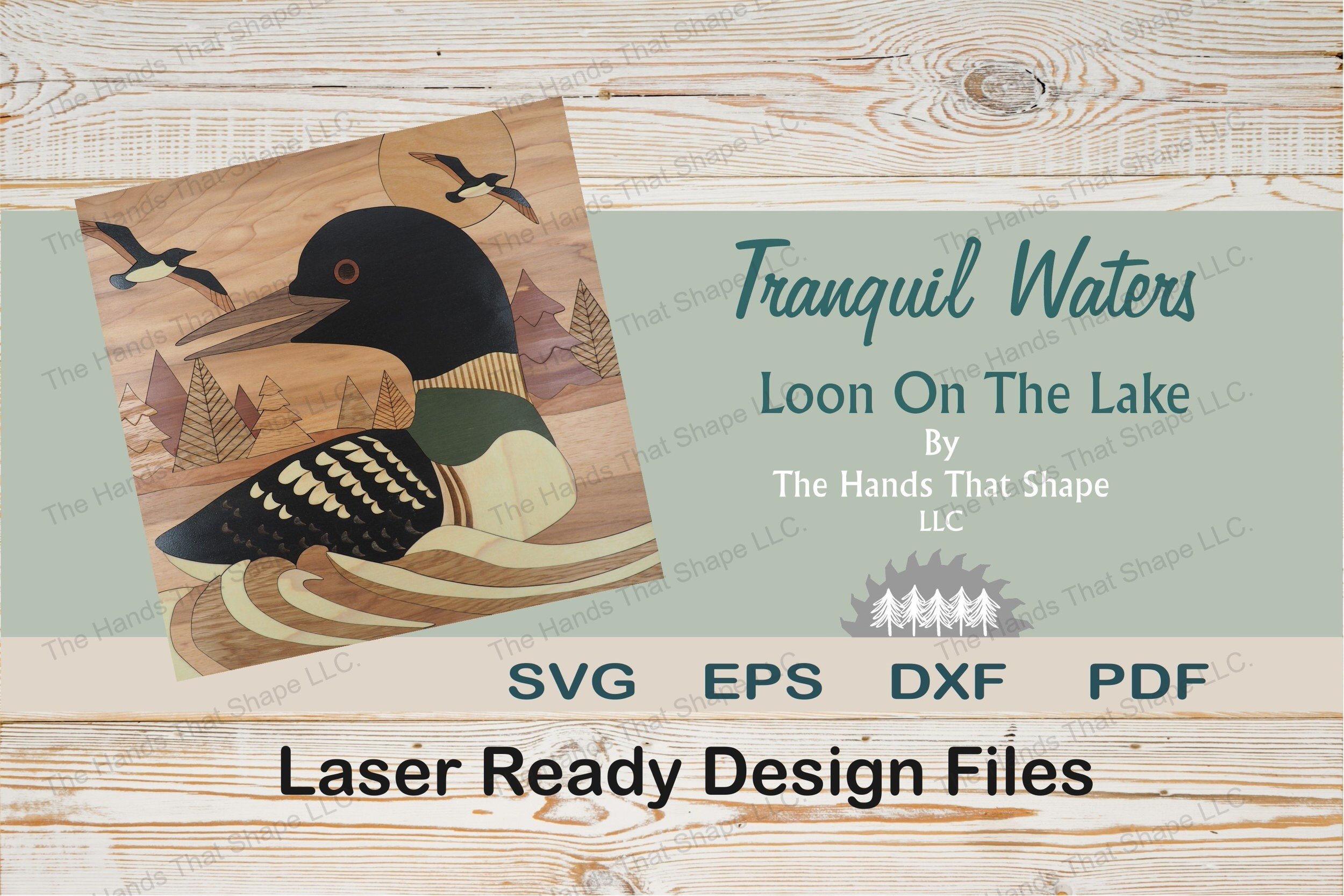 With our laser ready file craft a serene wood inlay art featuring a loon on the lake, detailed with score lines and engravings, perfect for all skill levels.