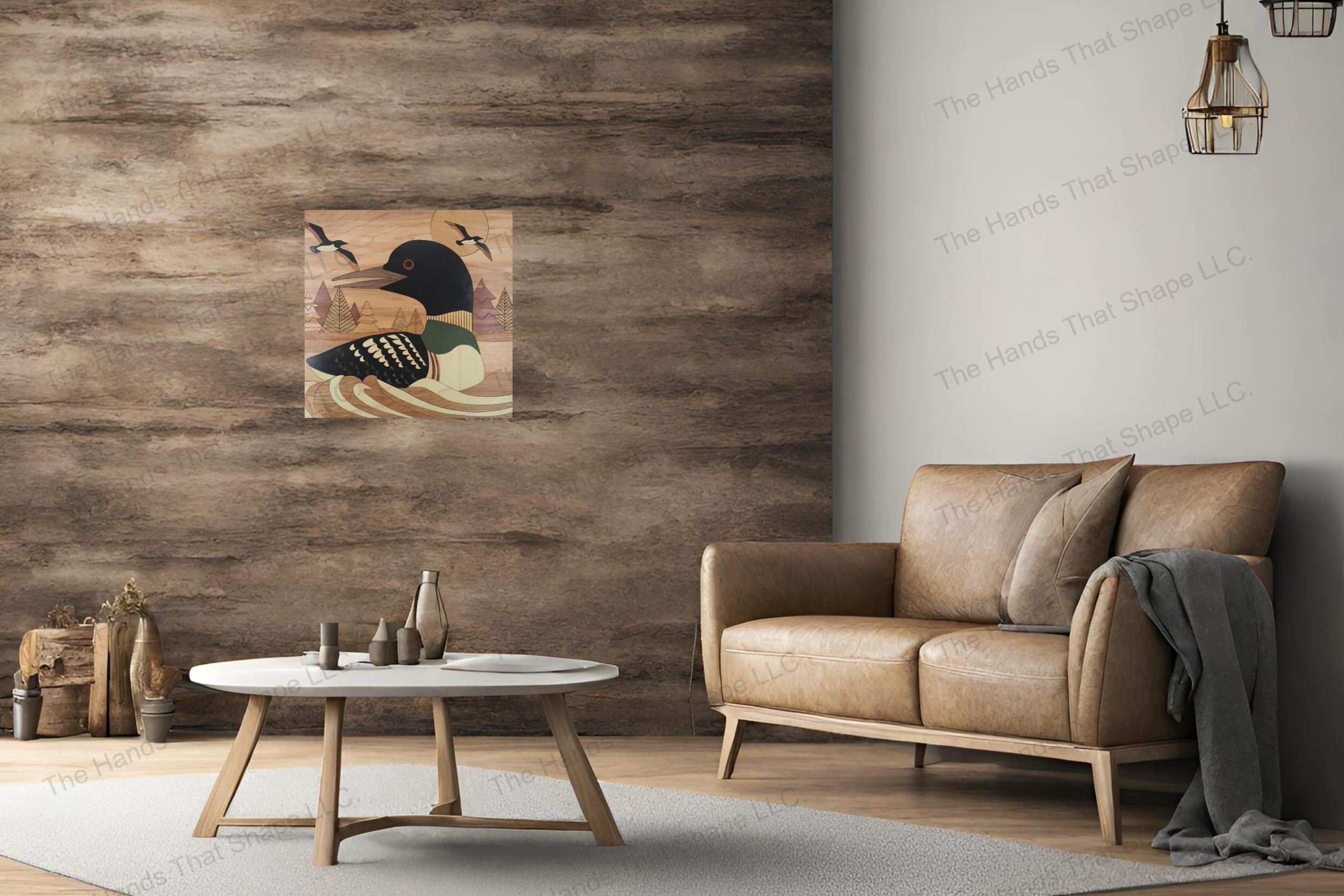 Elevate your living room decor with this serene wood inlay art piece of a loon gliding on tranquil waters, perfect for nature enthusiasts.