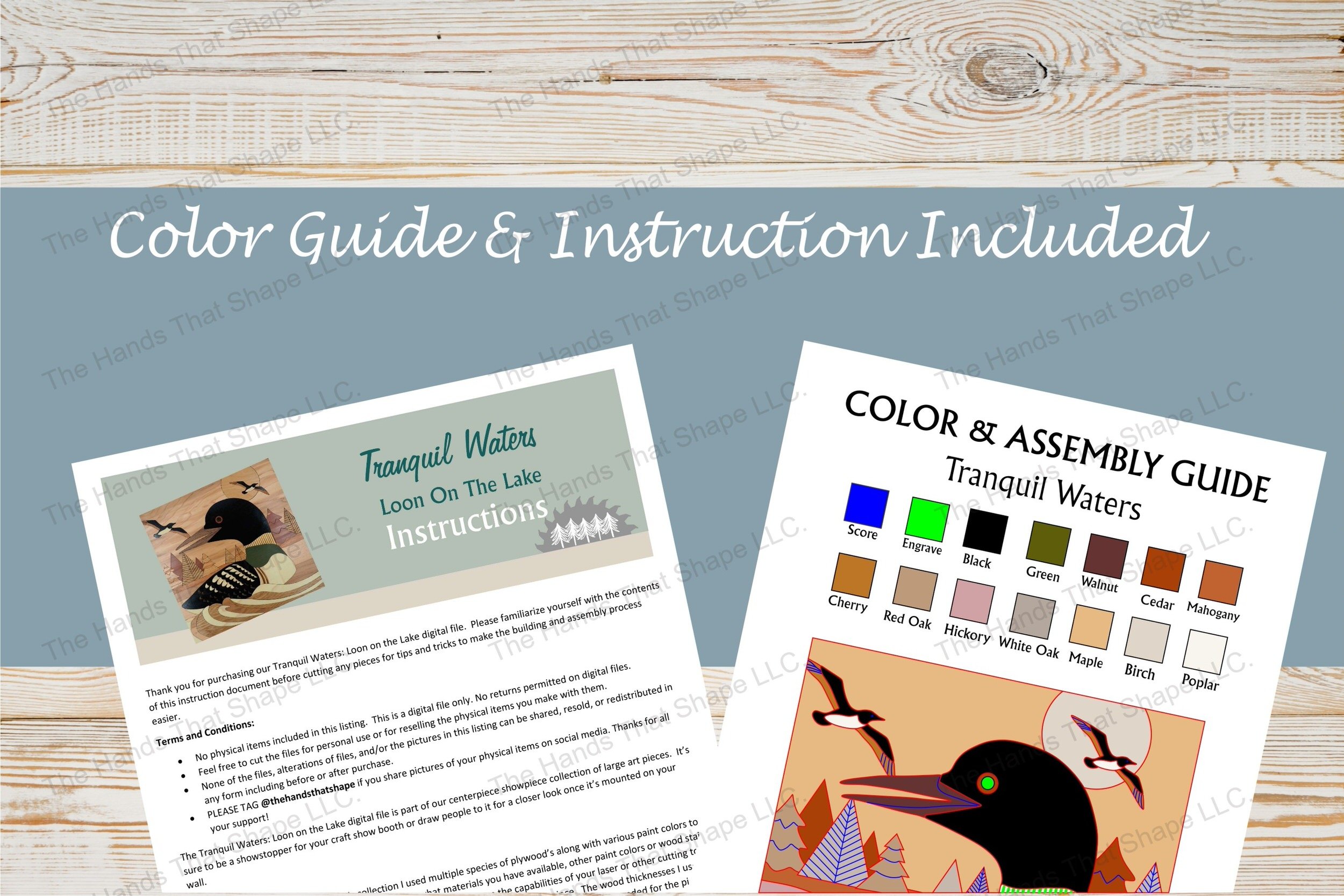 Sample of the multi-page instructions and the color and assembly guide included with the digital design file.