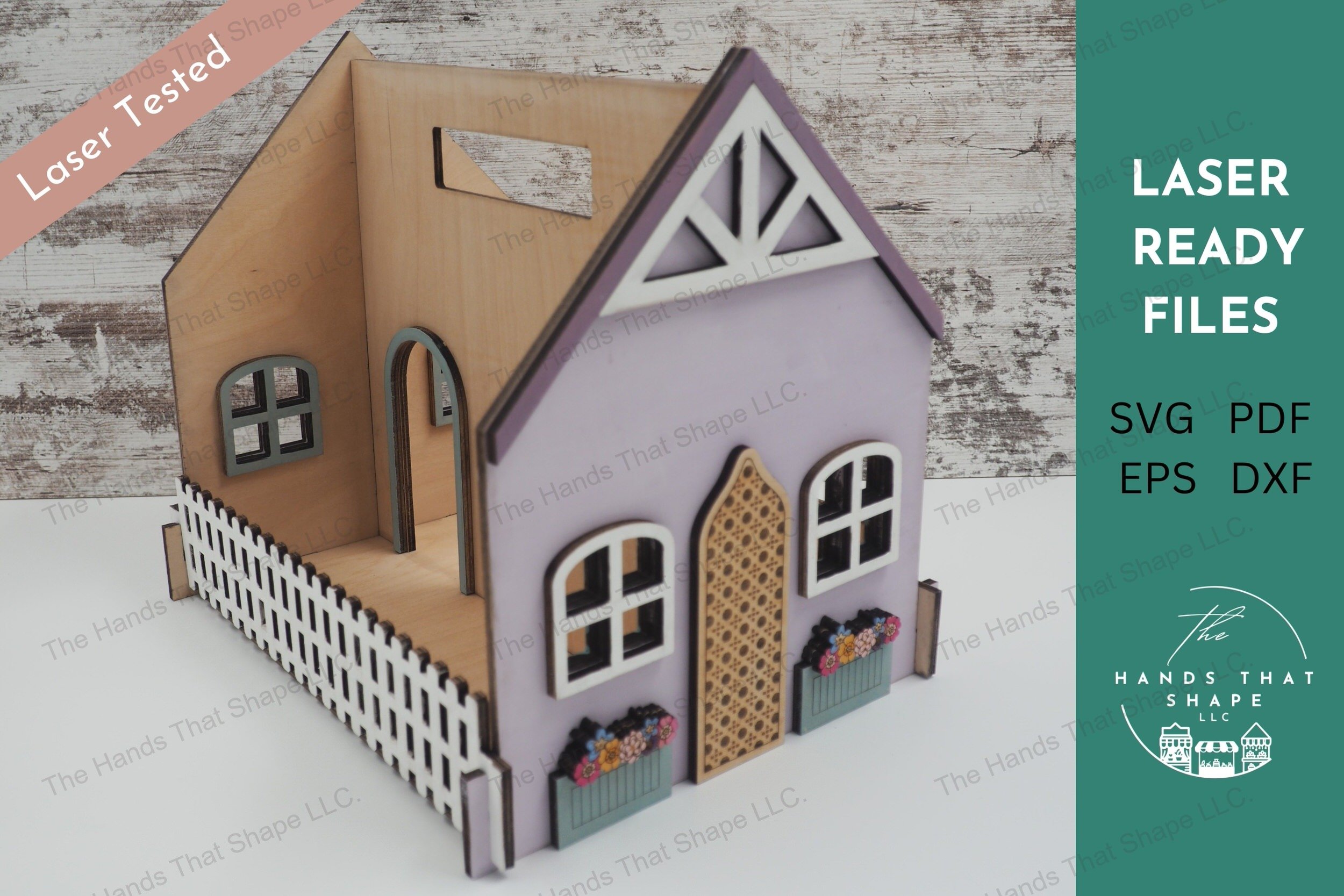 Craft a magical portable wooden dollhouse with our laser-ready design file, featuring detailed decorations, an easy-carry handle, and tab and slot assembly.