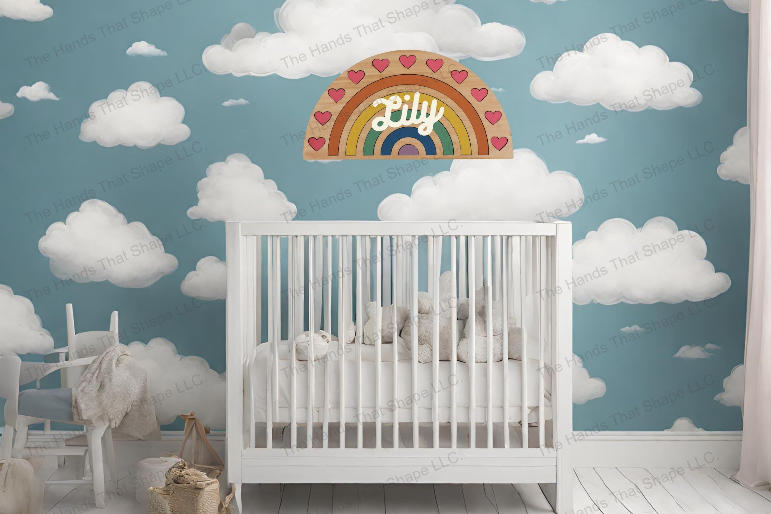 Add a touch of whimsy and love to any nursery with this captivating rainbow hearts inlay art, perfect for inspiring joy and color in your little one's space.