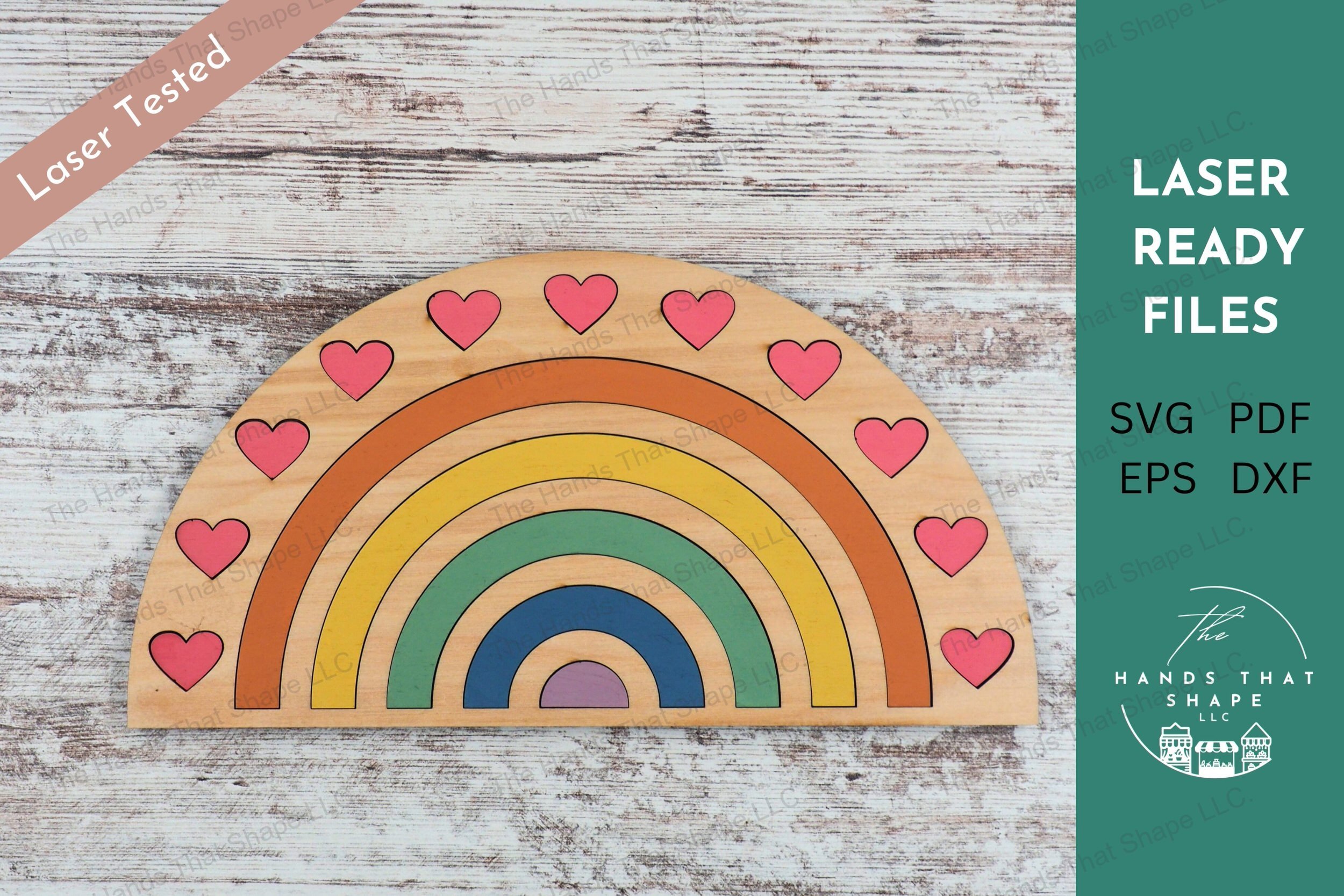 Laser ready file featuring a rainbow of hearts 18-piece wood inlay art piece, with commercial license for the physical products, perfect for paint parties.
