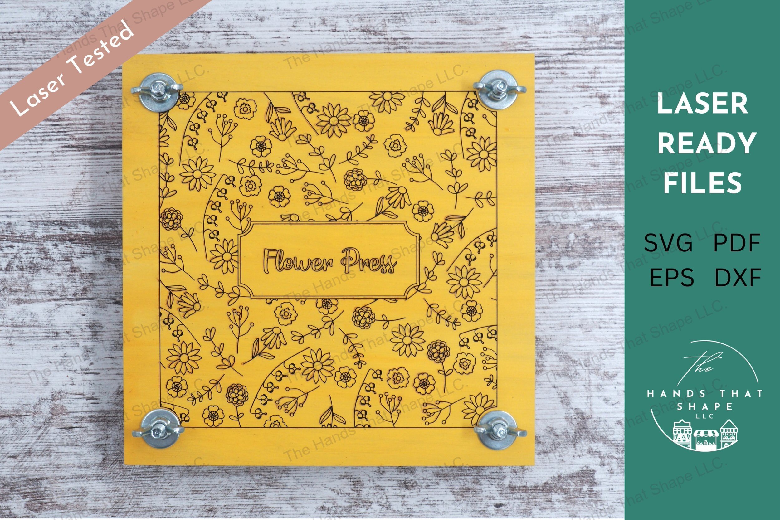 Create and sell elegant floral flower presses with our laser-ready file, featuring a detailed floral pattern, and instructions for crafting your own press.
