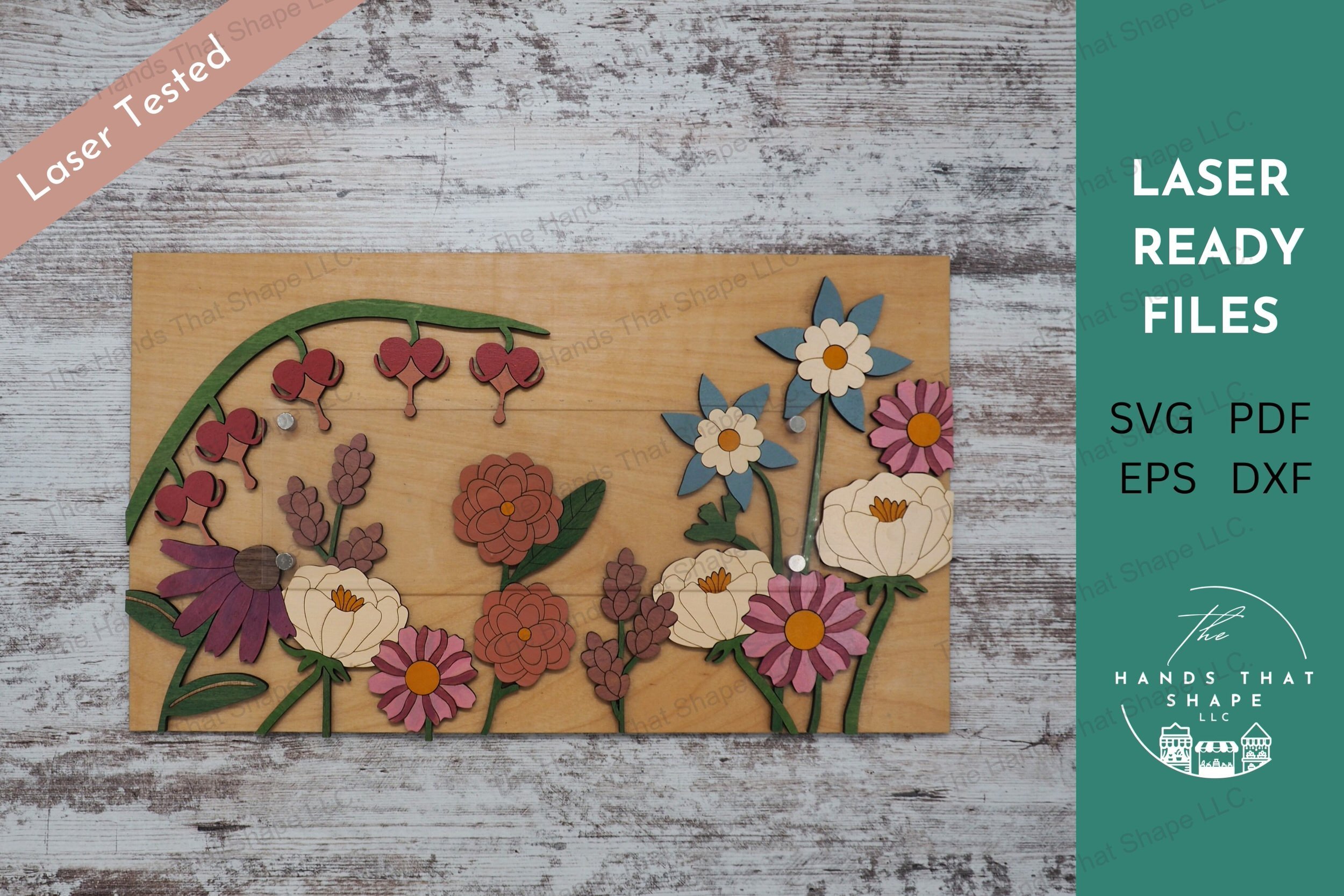 Craft exquisite layered floral signs with our laser-ready file, featuring a 69-piece wood inlay arrangement under a clear acrylic layer perfect for adding text.