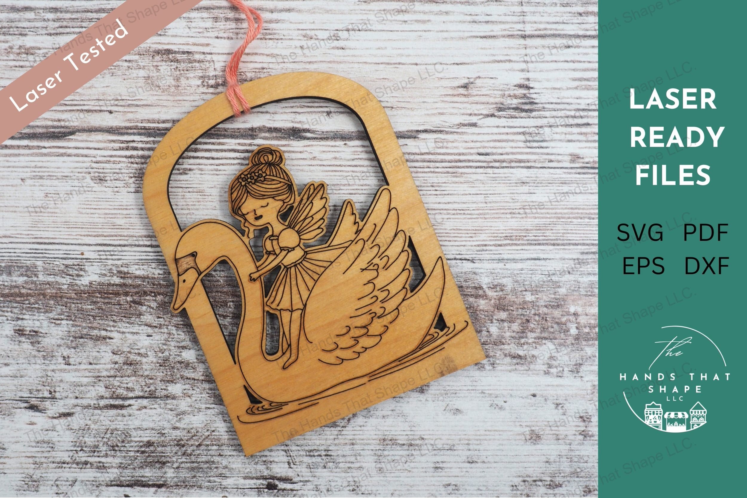 Create enchanting decorations with our laser-ready design file featuring a detailed fairy and swan ornament, perfect for adding a magical touch to any space.