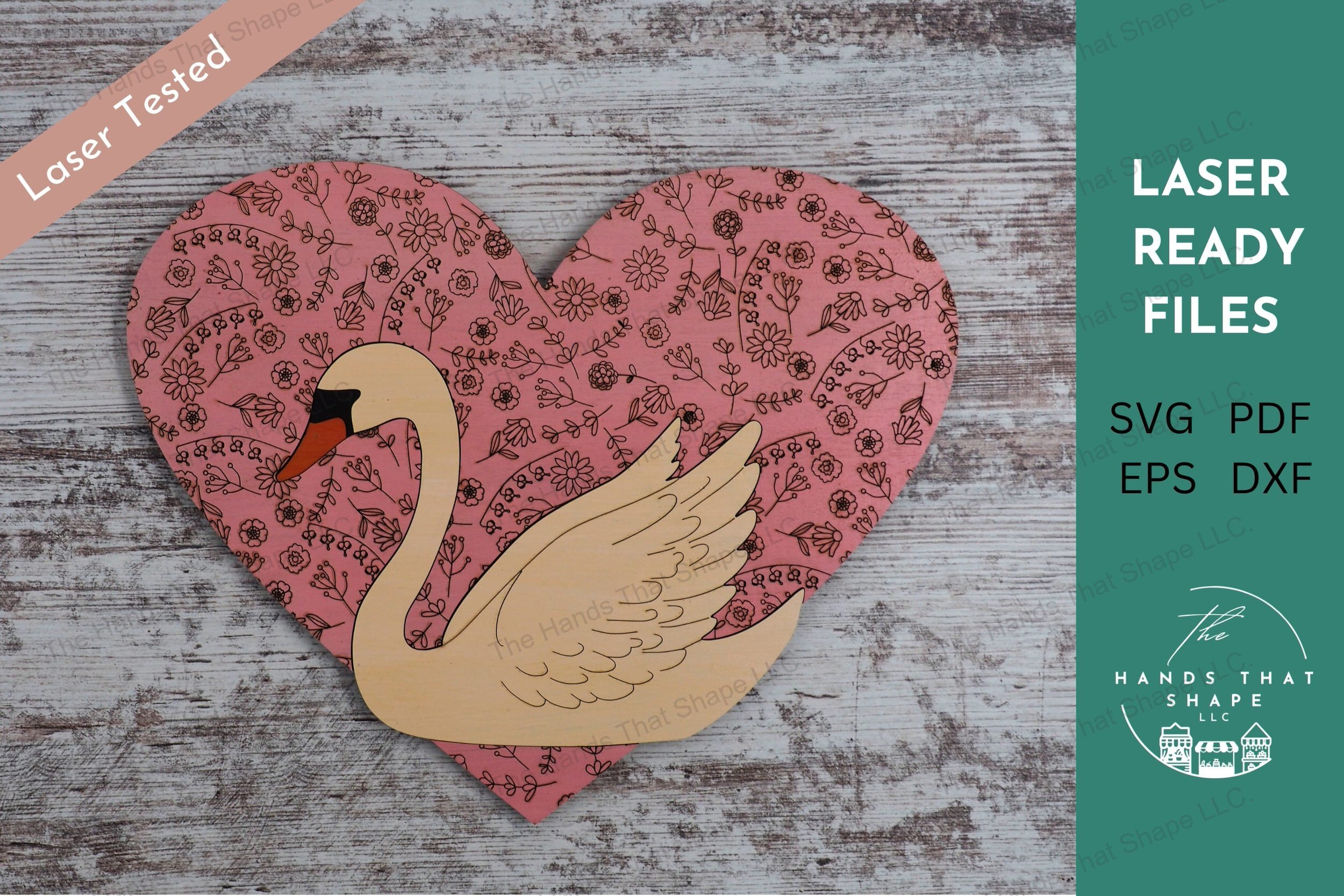 Craft elegant wood inlay signs with our laser-ready design featuring a floral heart and inlaid swan, perfect for personalizing with names or messages.