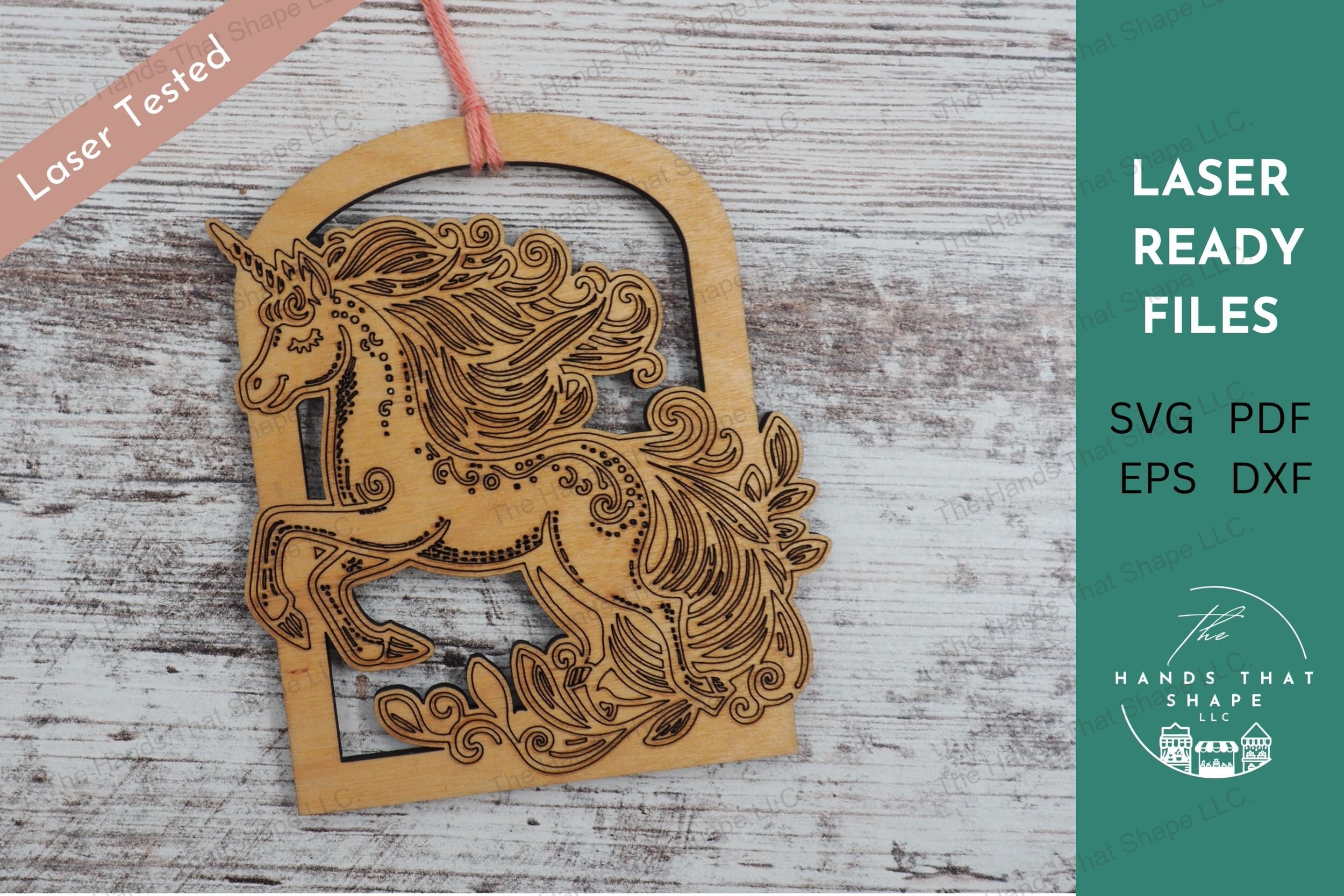 Craft enchanting unicorn ornaments with our laser-ready file featuring a playfully prancing unicorn, perfect for creating magical decorations or unique gifts.