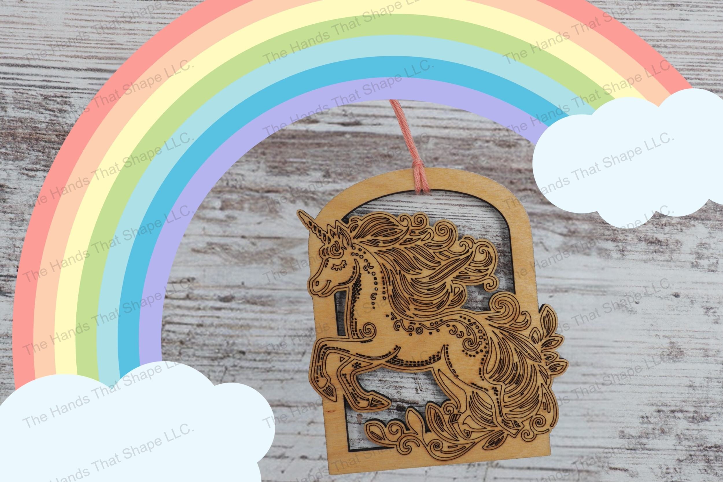 Craft enchanting unicorn ornaments with our laser-ready file featuring a playfully prancing unicorn, perfect for creating magical decorations or unique gifts.