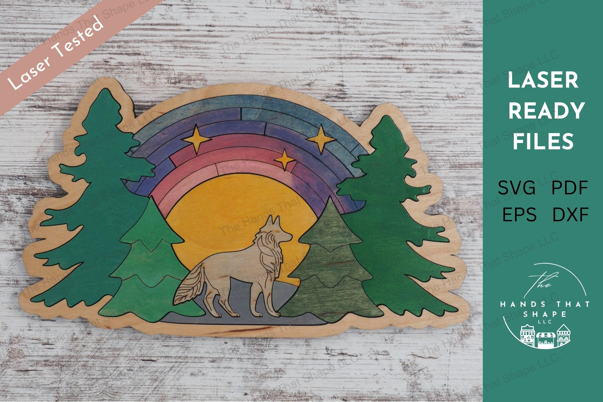 Craft a captivating inlay art piece with our laser-ready design file featuring a wolf in a pine forest at sunset, ideal for creating striking wall art.