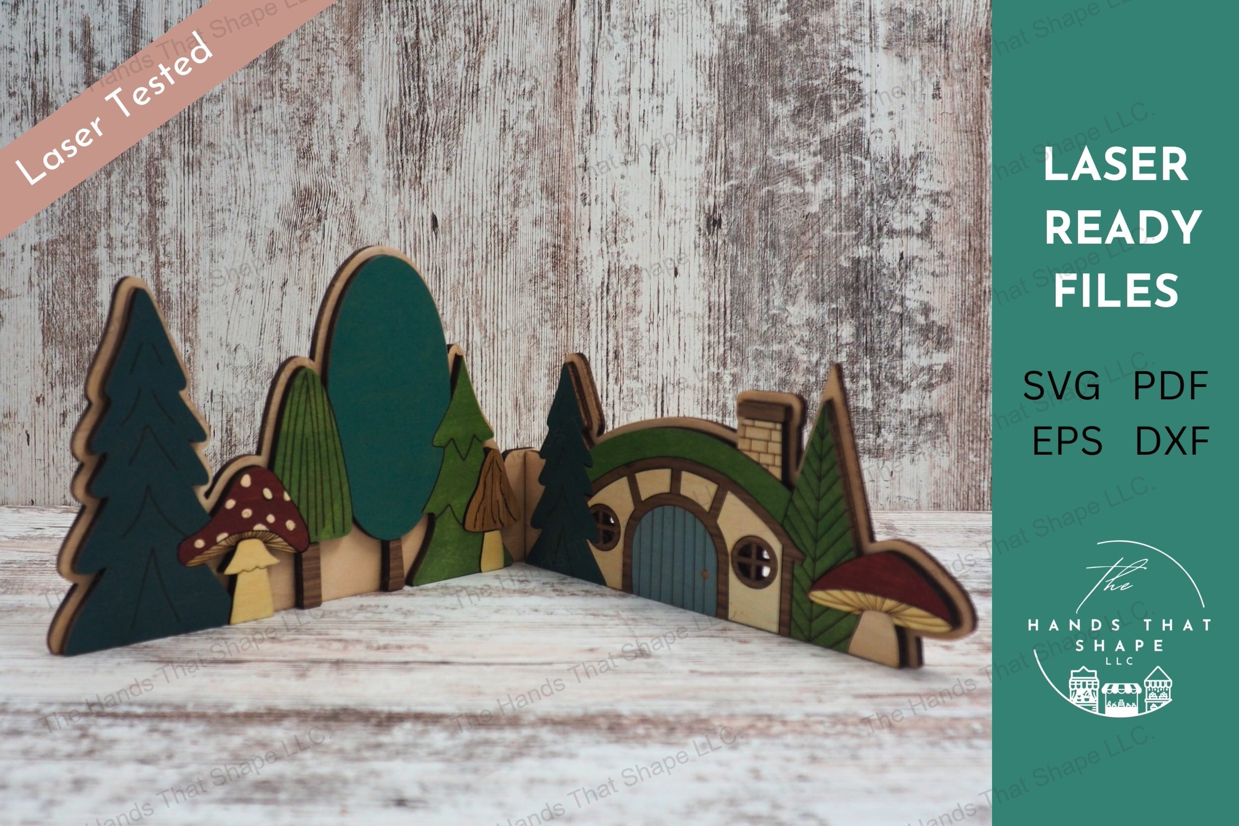 Craft a magical woodland playscape with our laser-ready file, featuring 2 detailed side pieces that slide together to create an enchanting freestanding scene.