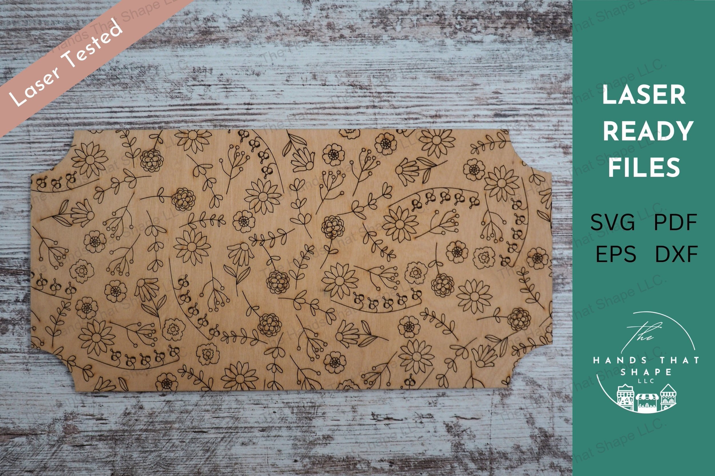 Craft personalized items with our laser-ready floral rectangle design, featuring scalloped corners and a customizable area for engraving or adding names.