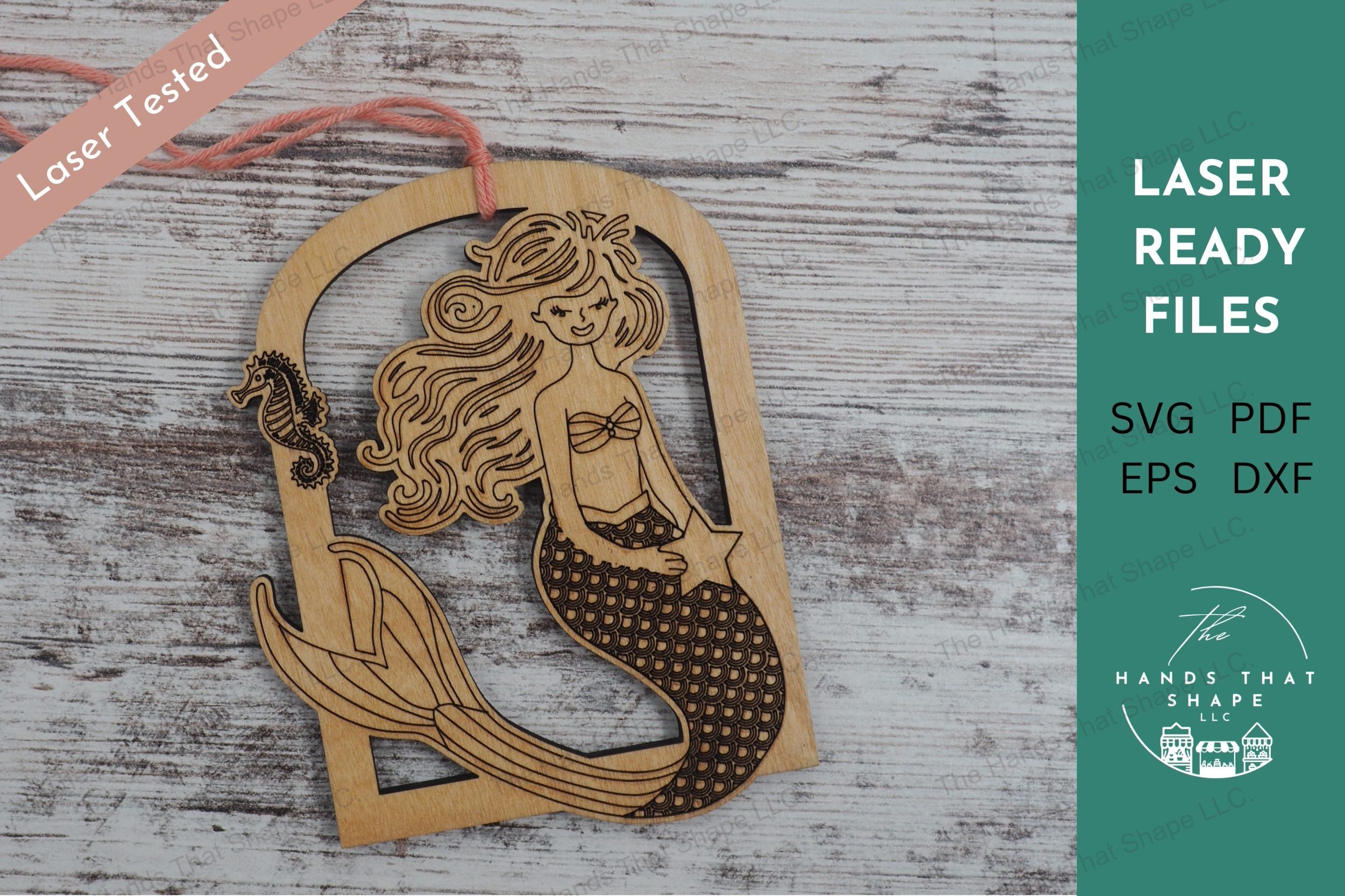 Craft a magical underwater-themed ornament with our laser-ready file featuring a detailed mermaid and seahorse, perfect for creating enchanting decorations.