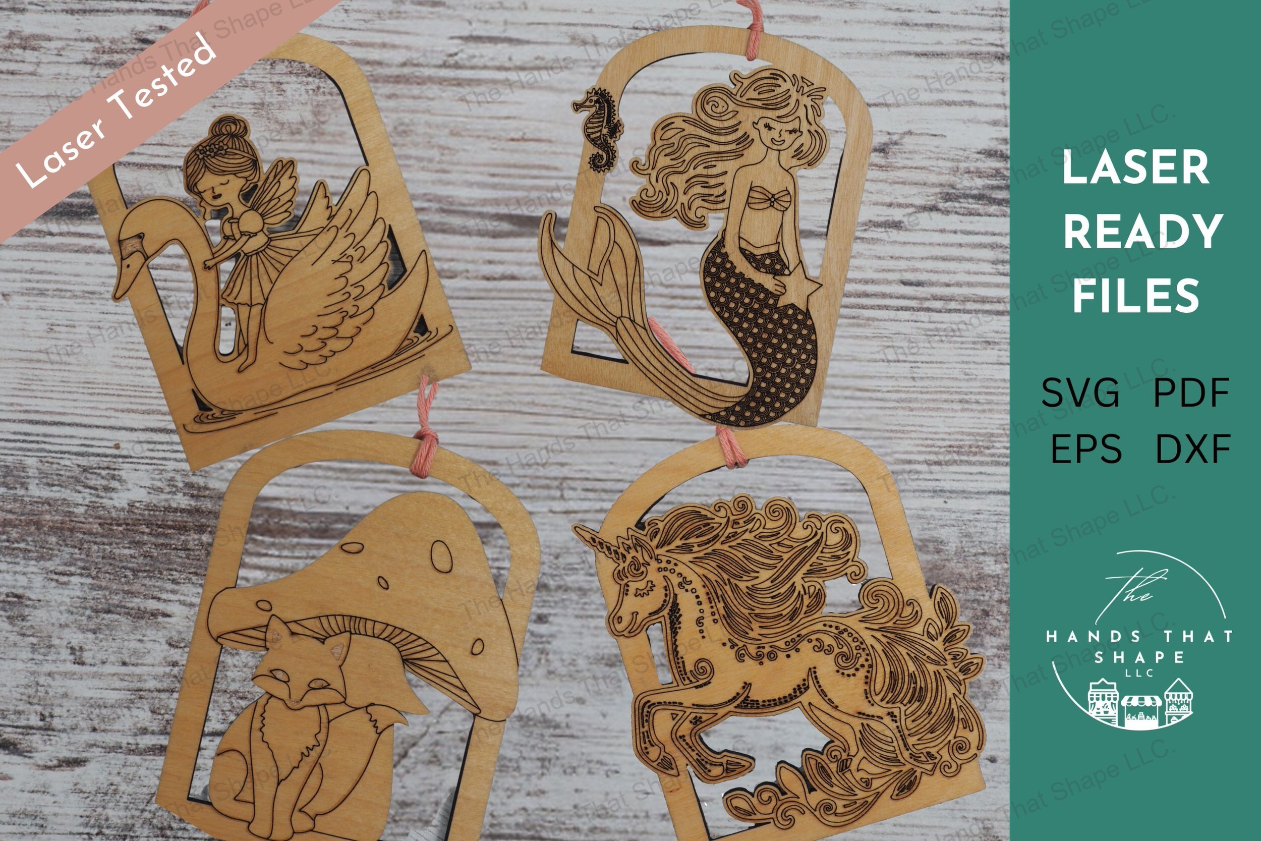 Explore our Enchanted Ornament Collection with laser-ready designs featuring a fox, mermaid, fairy swan, and unicorn, perfect for creating magical decorations.