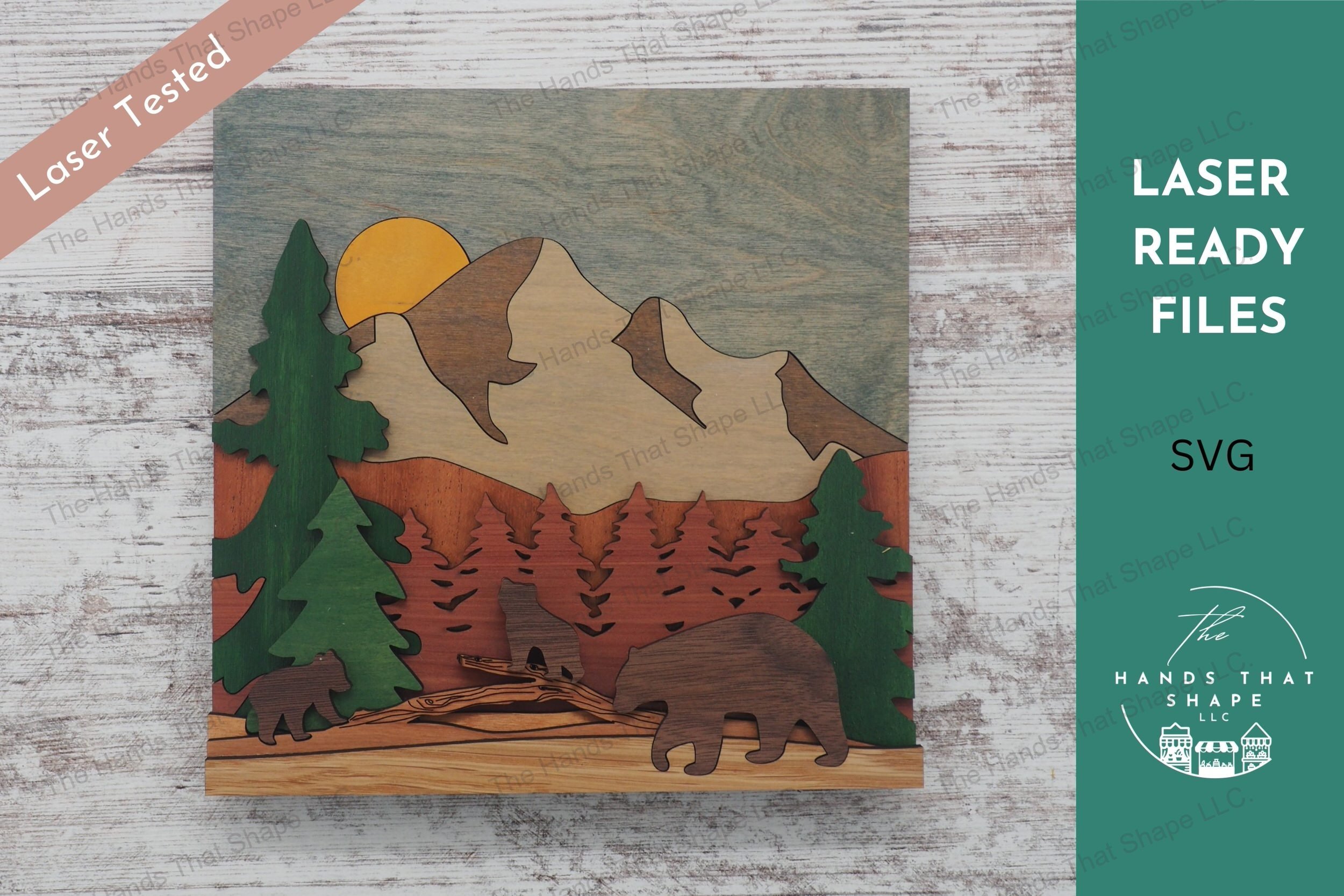 Craft a stunning 3D inlay art piece with our laser-ready design featuring a bear family in a forest, perfect for shadowbox displays or as a desktop decoration.