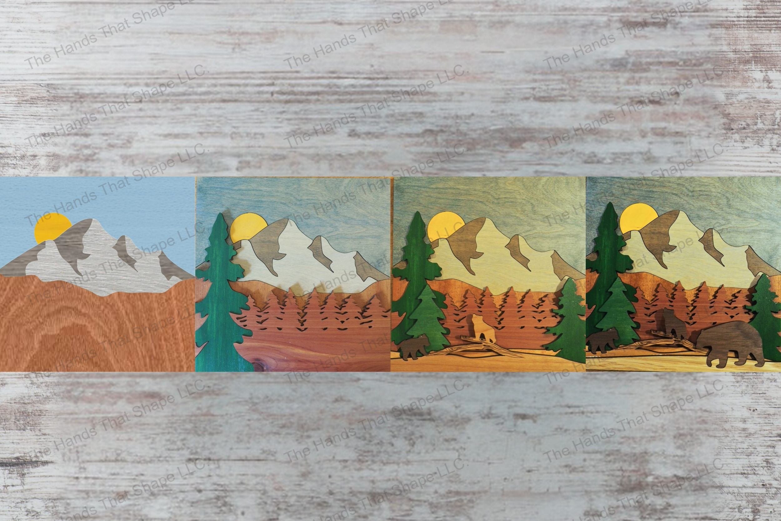 Craft a stunning 3D inlay art piece with our laser-ready design featuring a bear family in a forest, perfect for shadowbox displays or as a desktop decoration.