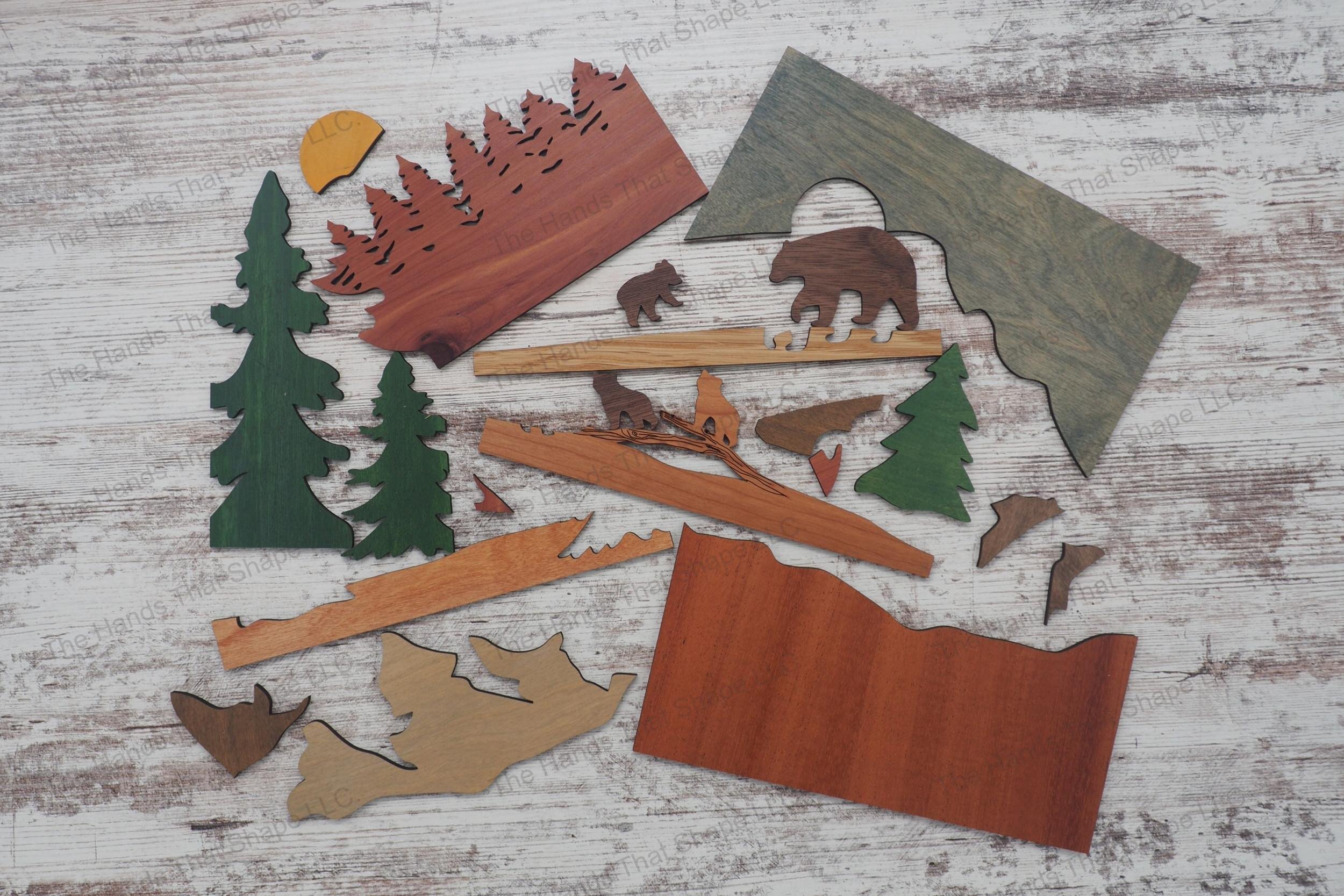 Craft a stunning 3D inlay art piece with our laser-ready design featuring a bear family in a forest, perfect for shadowbox displays or as a desktop decoration.
