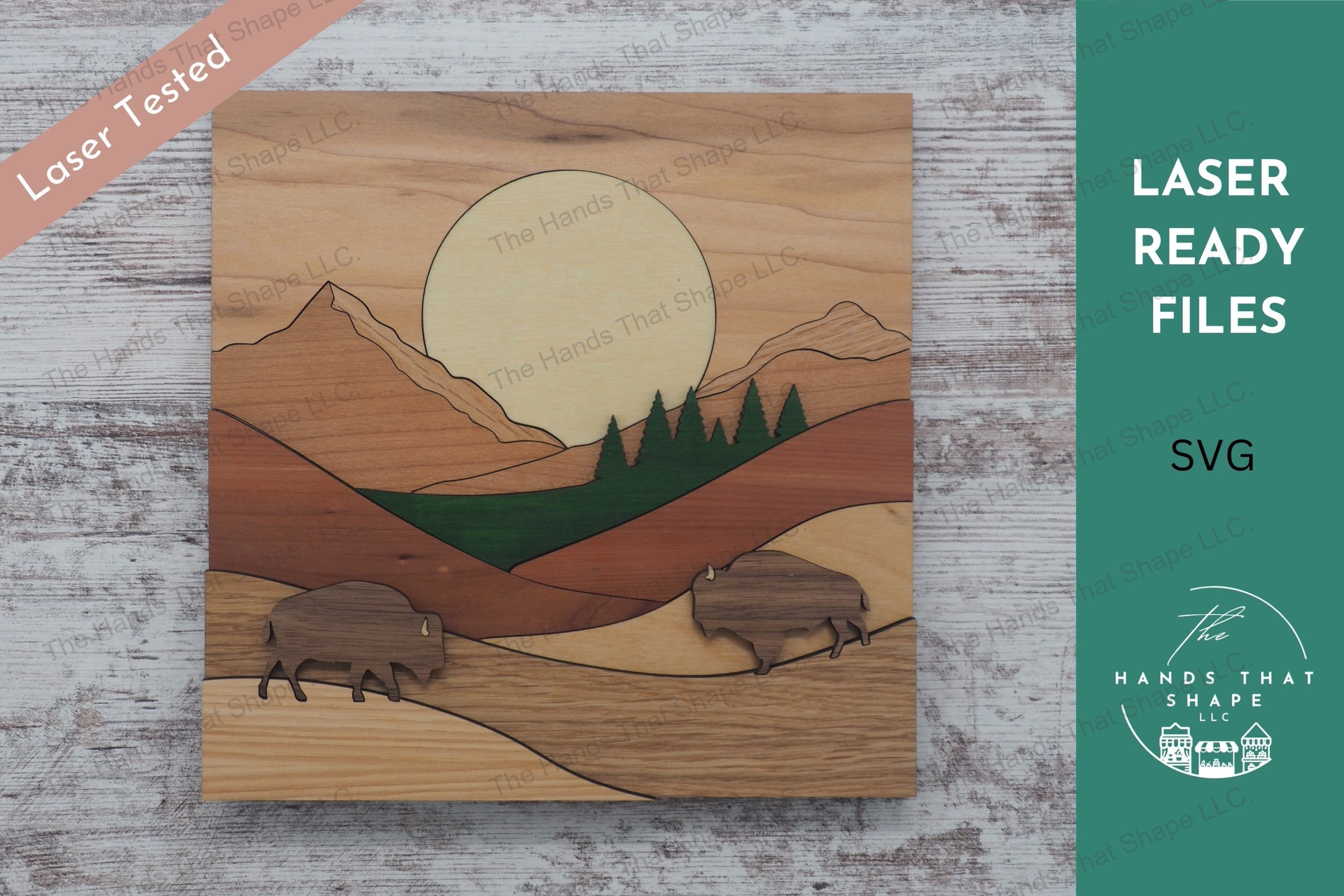 Craft a captivating 3D inlay art piece with our laser-ready design featuring two bison grazing on rolling hills, ideal for shadowbox displays or desktop decor.