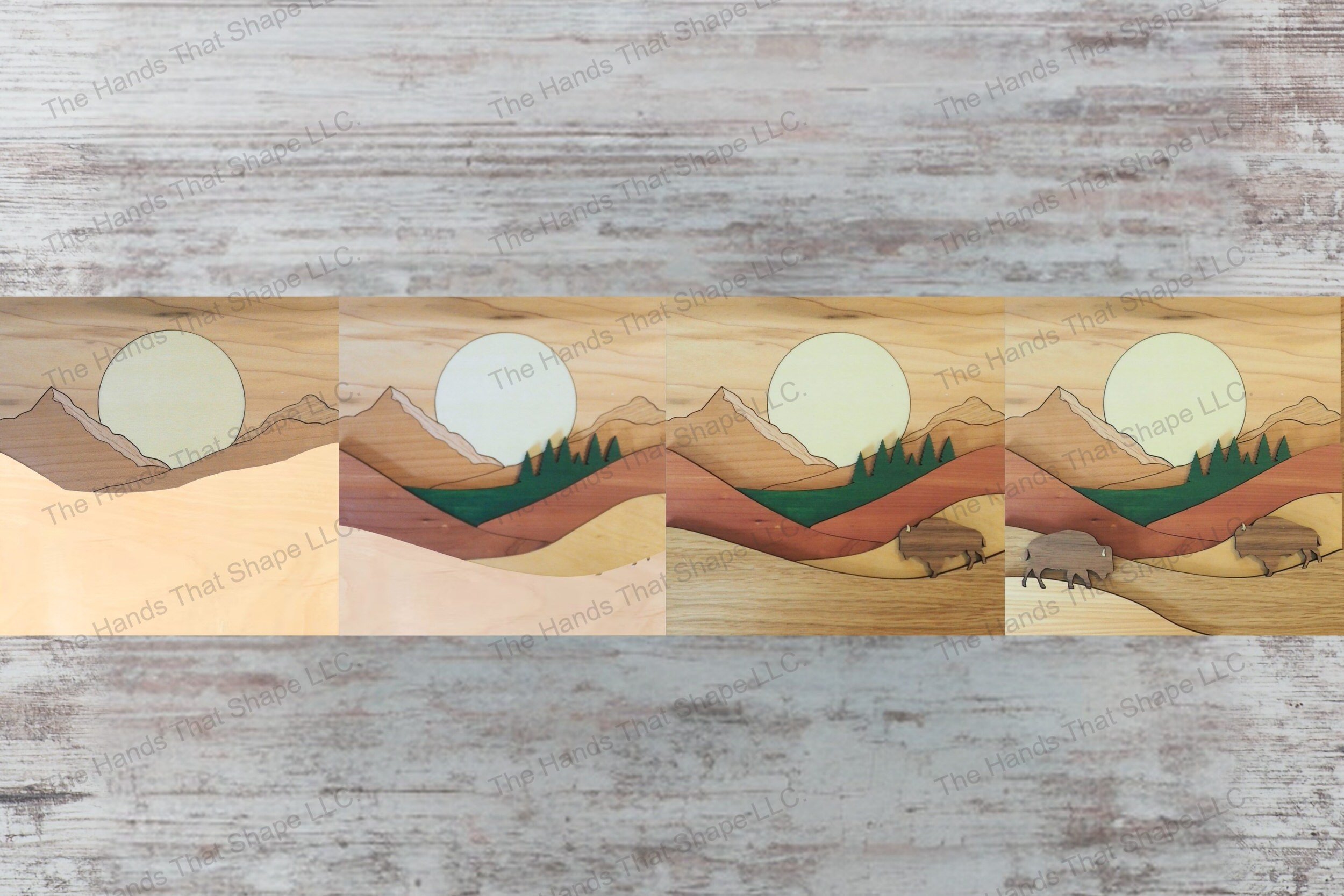 Craft a captivating 3D inlay art piece with our laser-ready design featuring two bison grazing on rolling hills, ideal for shadowbox displays or desktop decor.