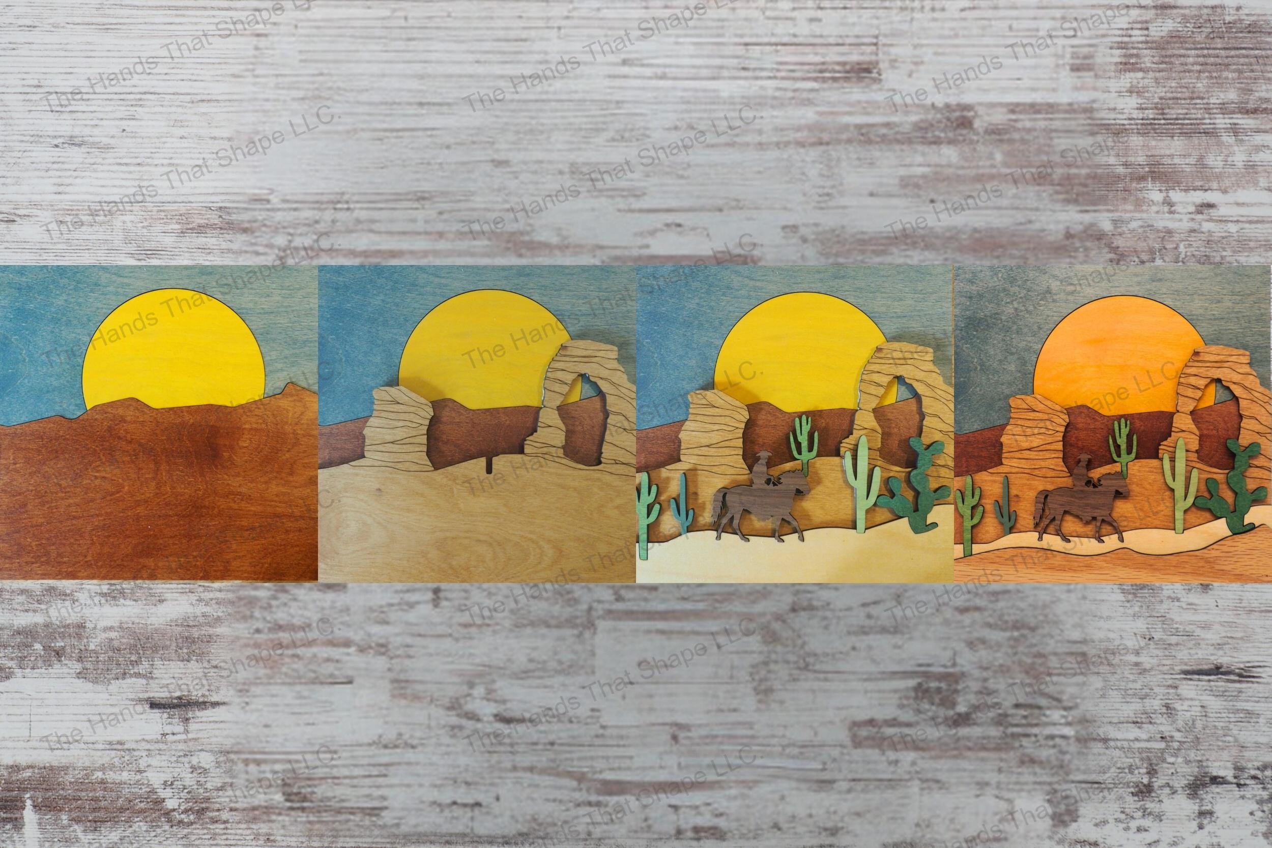 Create a captivating 3D inlay art piece with our laser-ready file featuring a lone cowboy in a desert landscape, perfect for shadowbox displays or desktop decor