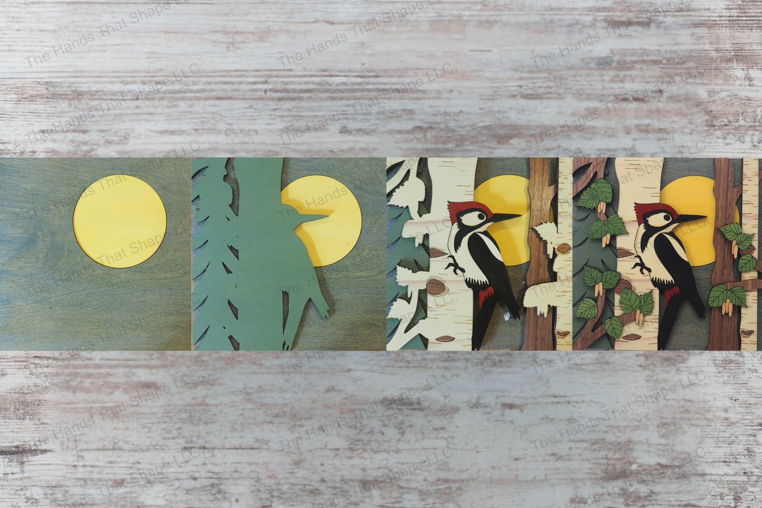 Create a stunning 3D inlay art piece with our laser-ready design featuring a woodpecker on a birch tree, perfect for adding a touch of nature to your home.