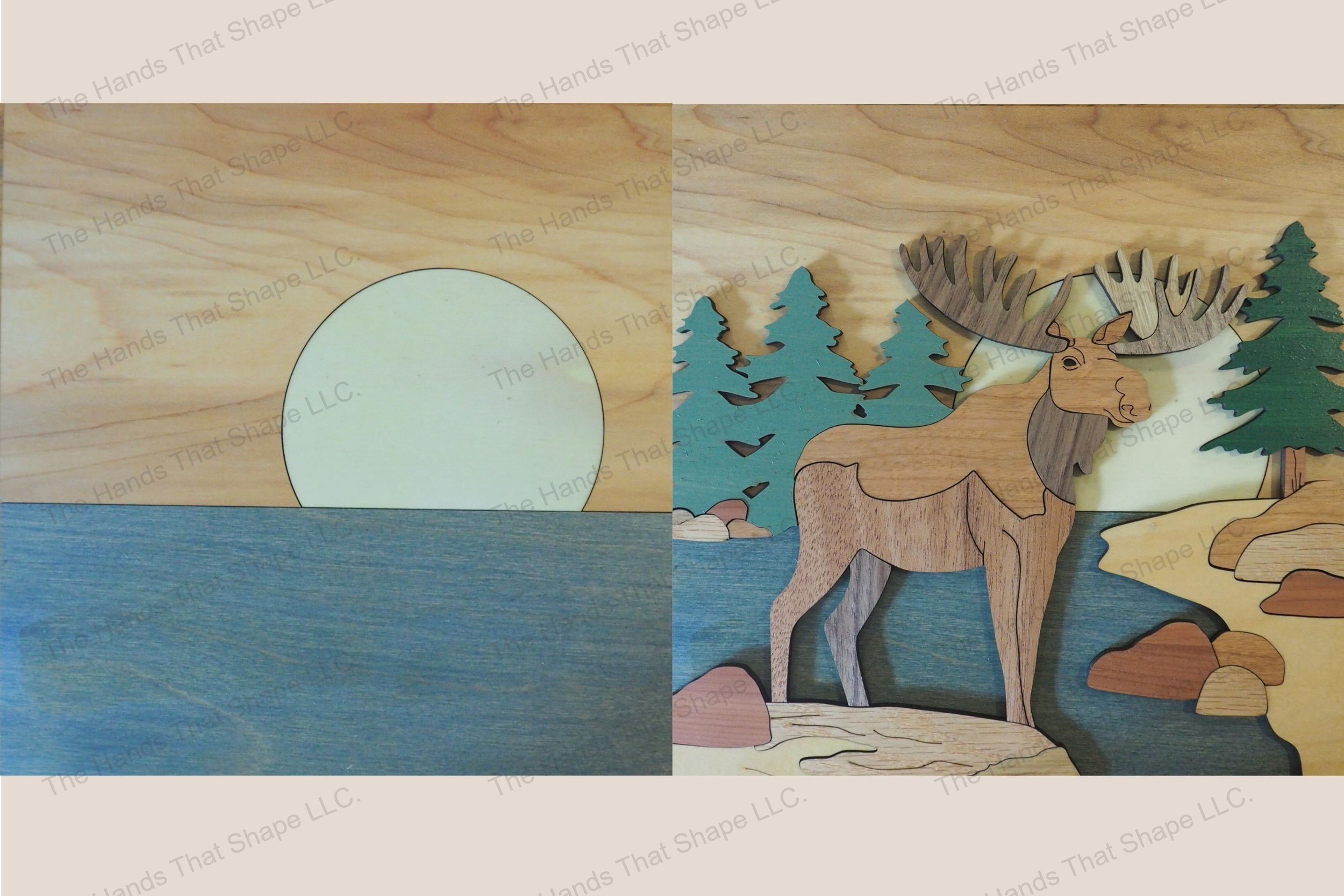 Craft a stunning 3D inlay art piece with our laser-ready file featuring a majestic moose next to a stream, with a backdrop of pine trees and a setting sun.