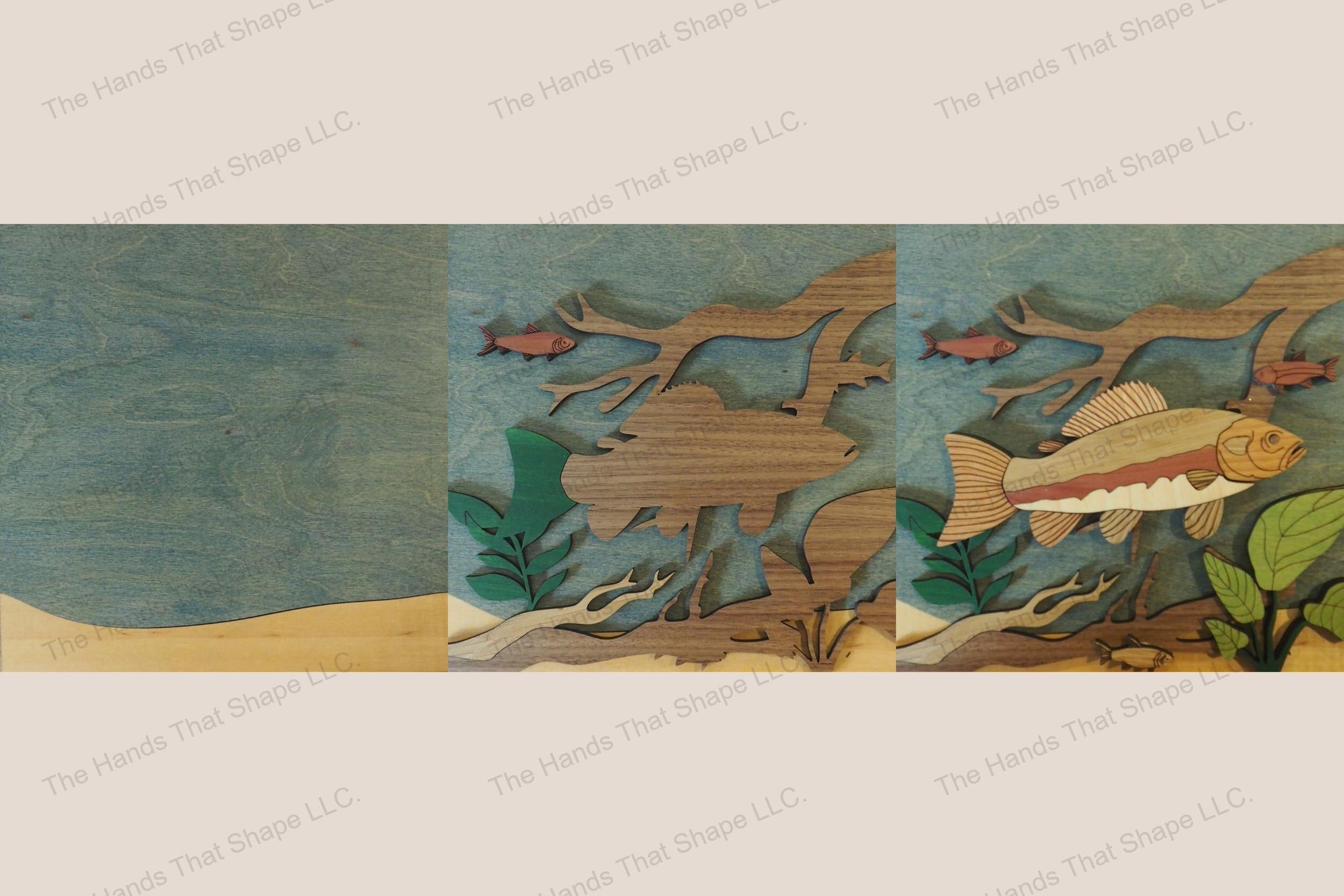 Craft a stunning 3D inlay art piece with our laser-ready design featuring a detailed trout amidst an underwater landscape with plants and branches.