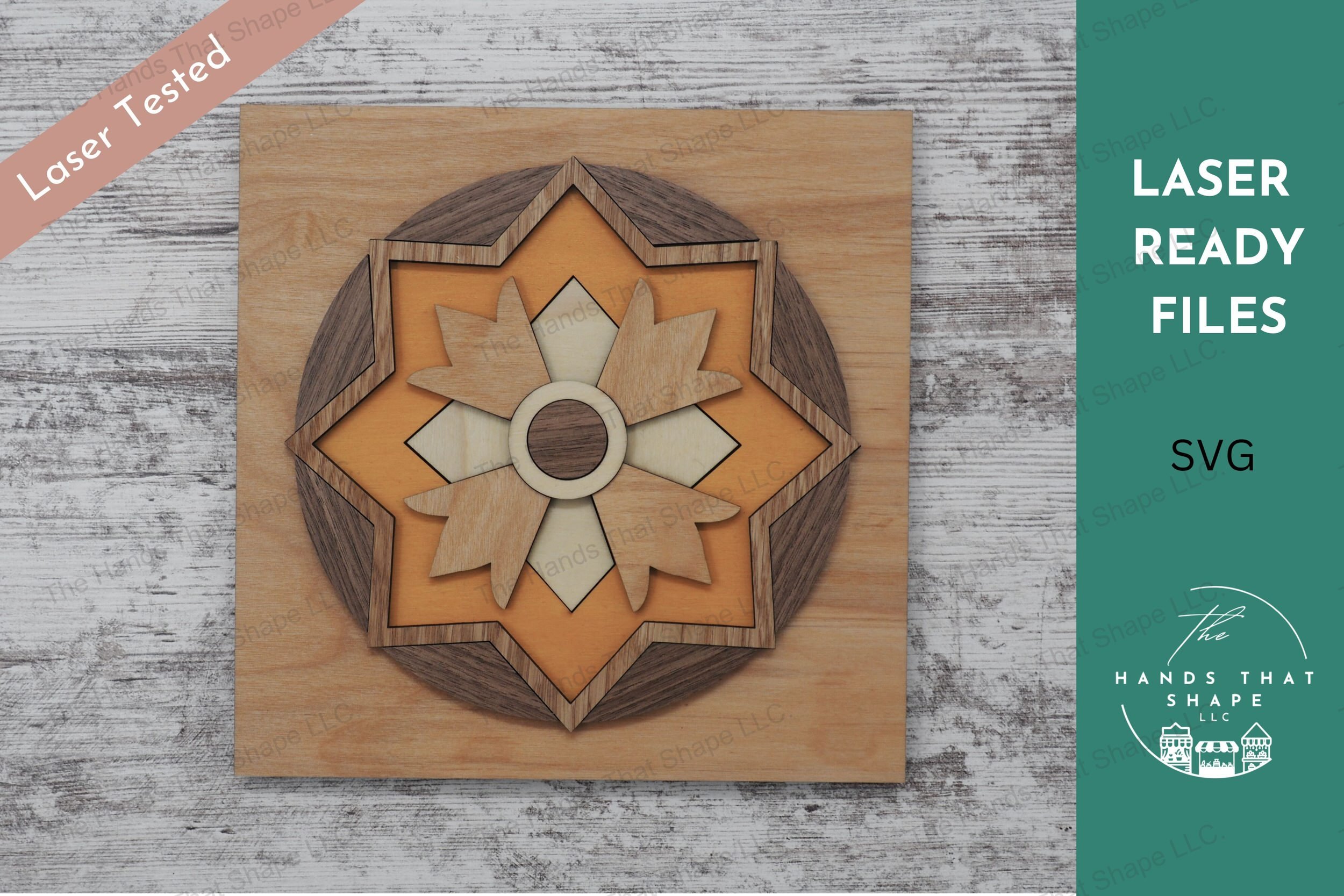 Create a striking 3D inlay art piece with our laser-ready design file featuring a central circular motif encased in geometric and floral layers.