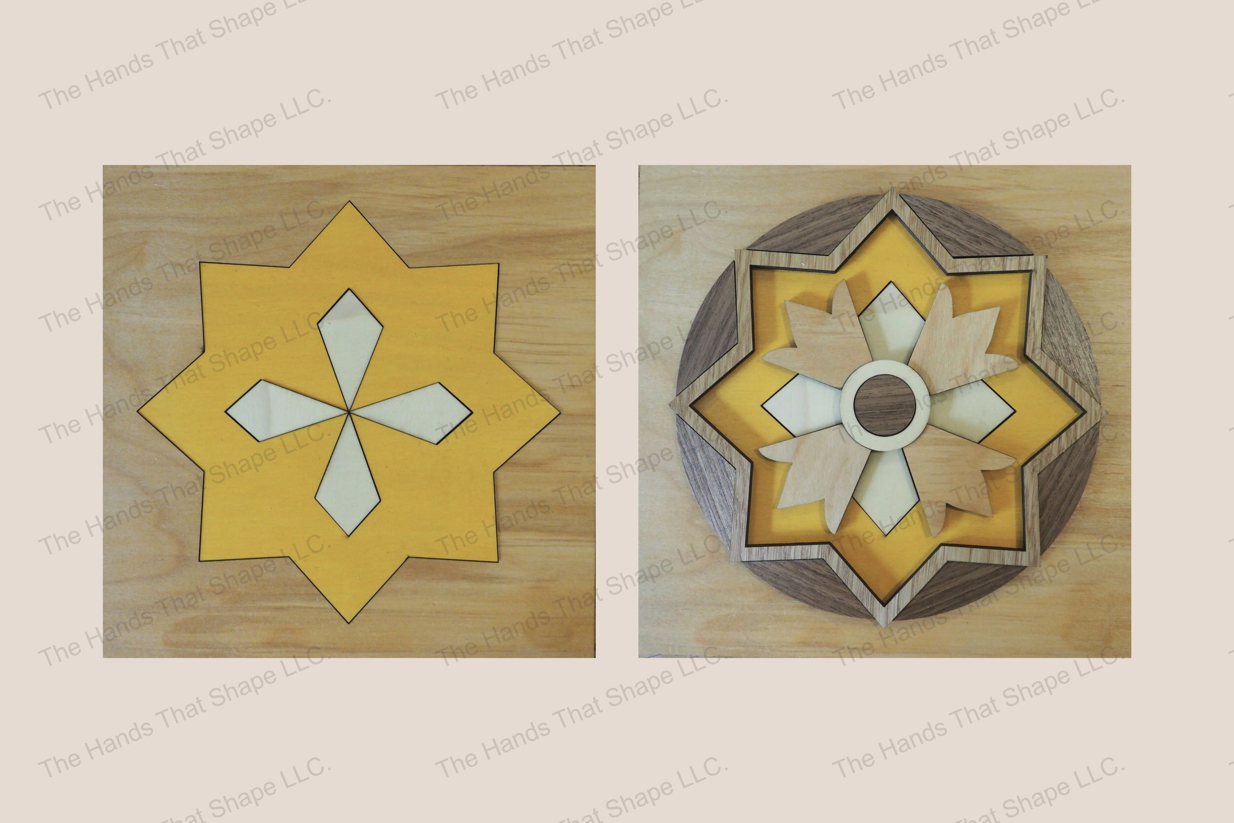 Create a striking 3D inlay art piece with our laser-ready design file featuring a central circular motif encased in geometric and floral layers.