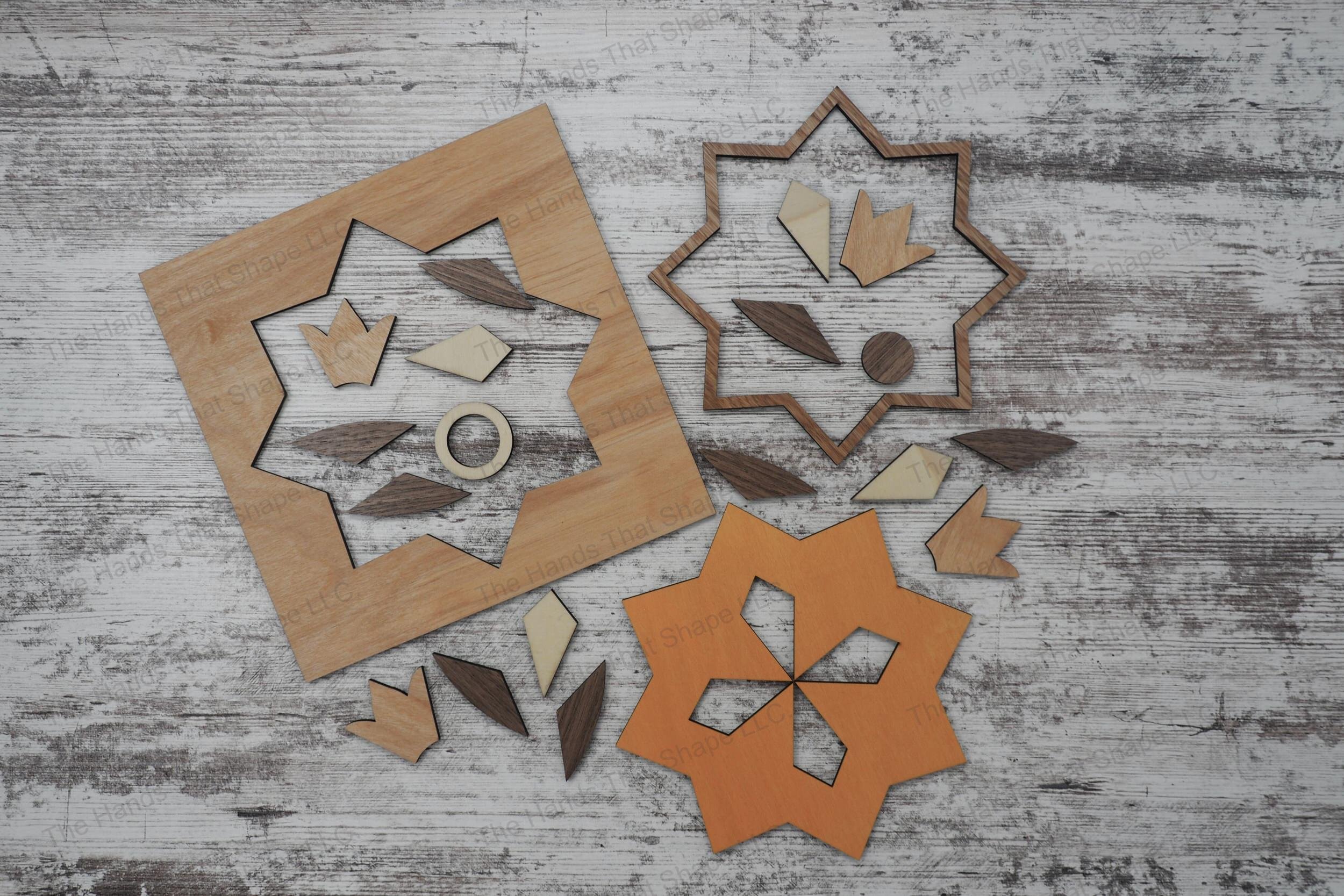 Create a striking 3D inlay art piece with our laser-ready design file featuring a central circular motif encased in geometric and floral layers.