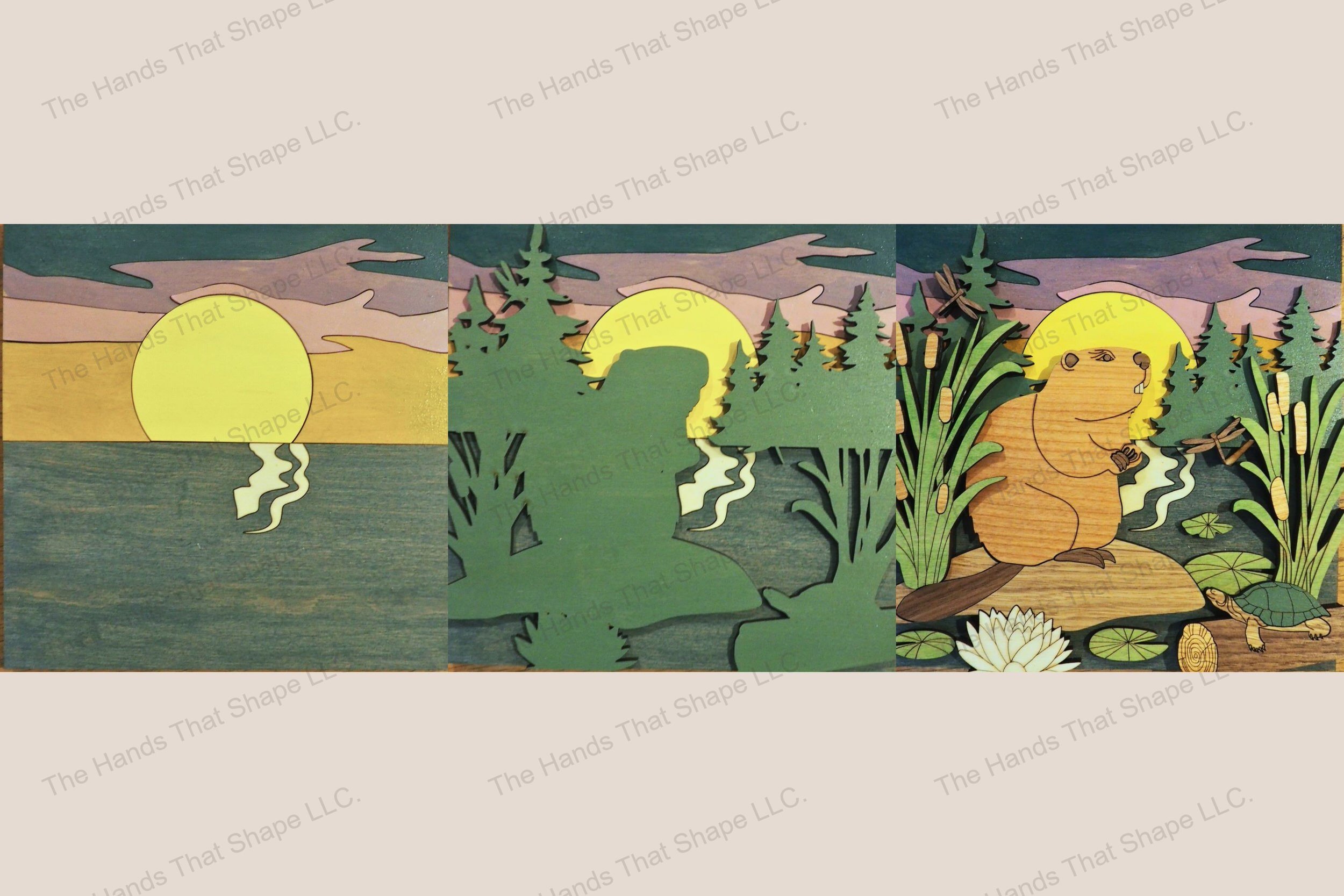 Create a captivating 3D inlay art piece with our laser-ready design featuring a detailed beaver and wetland scene, perfect for enhancing home decor.