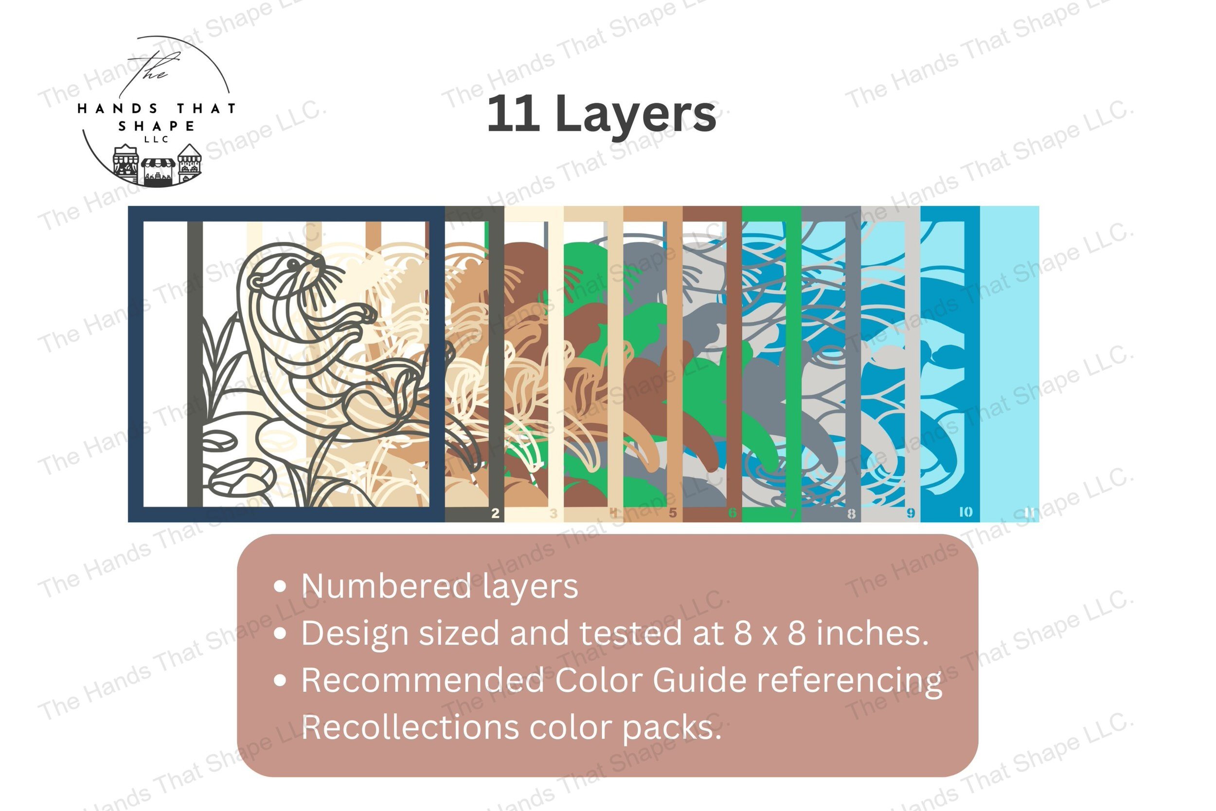 Explore the intricate layers of this otter-themed cardstock art, each fanned out to display the detailed design of the playful waterside scene.