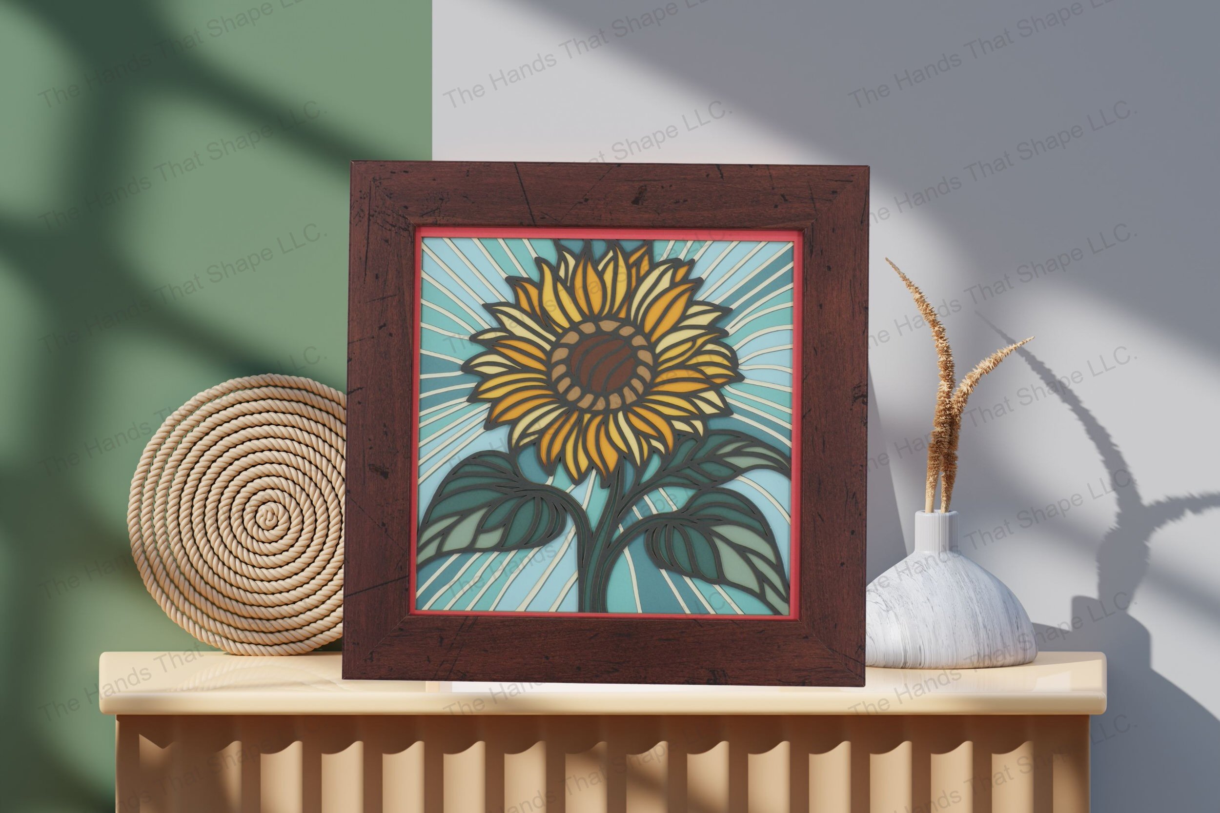 Admire this vibrant sunflower-themed cardstock artwork, displayed on a table, showcasing its intricate layers and cheerful, sunny hues.
