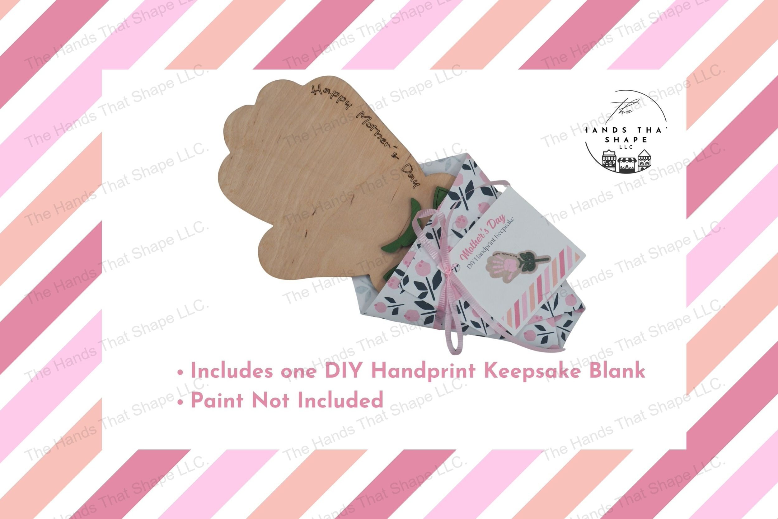 A handmade layered wooden keepsake featuring space for a child’s painted handprint, wrapped like a floral bouquet—perfect for a heartfelt DIY Mother’s Day gift.