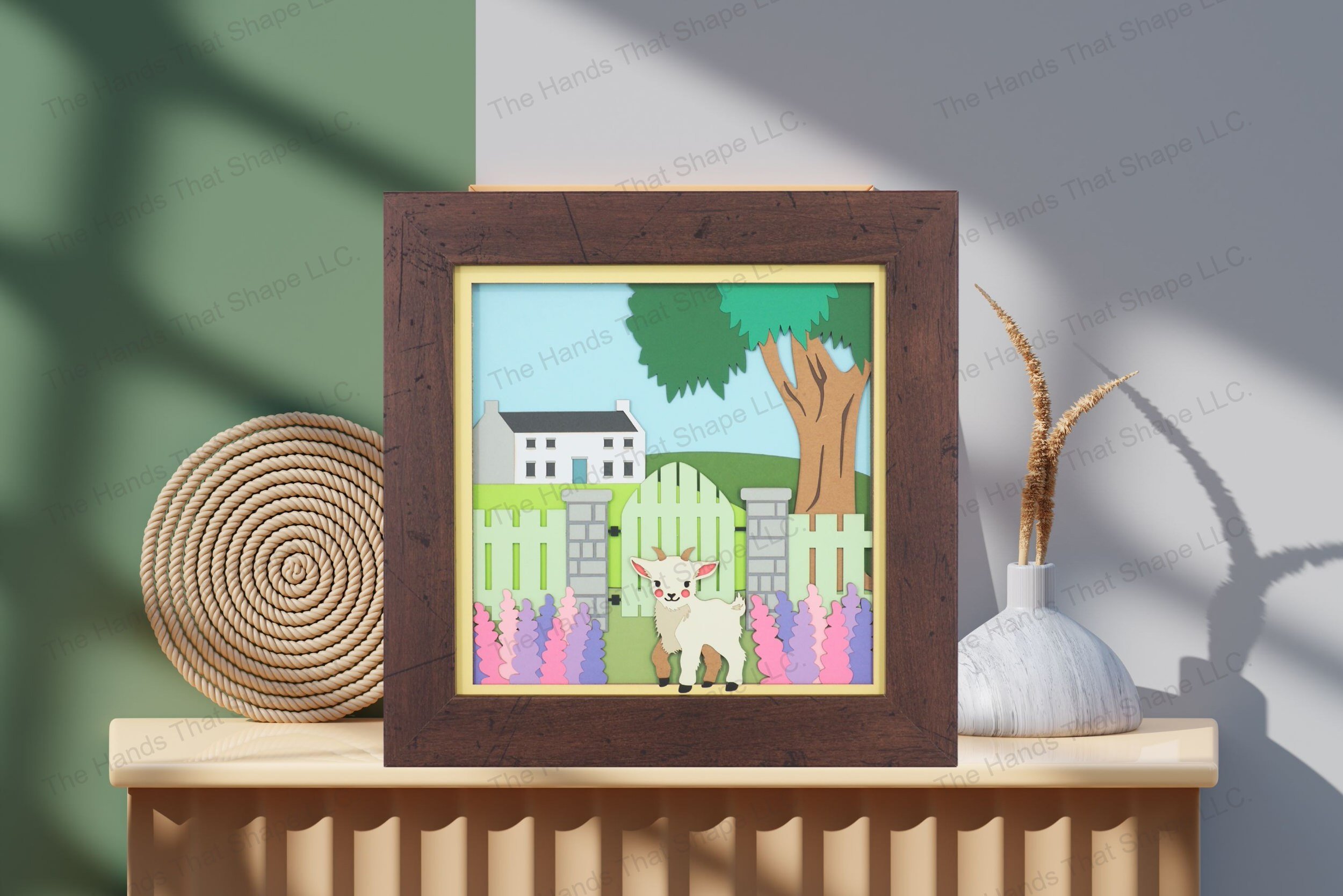 Admire this goat in a flower garden-themed cardstock artwork, displayed on a table, highlighting its rich layers and the detailed pastoral charm of the scene.