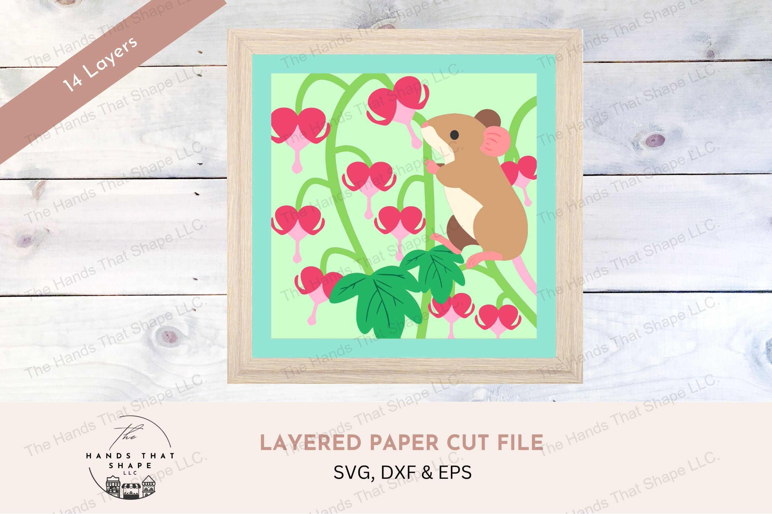 This layered cardstock art piece vividly captures a whimsical scene of a little mouse climbing a bleeding heart flower, surrounded by lush blooms.