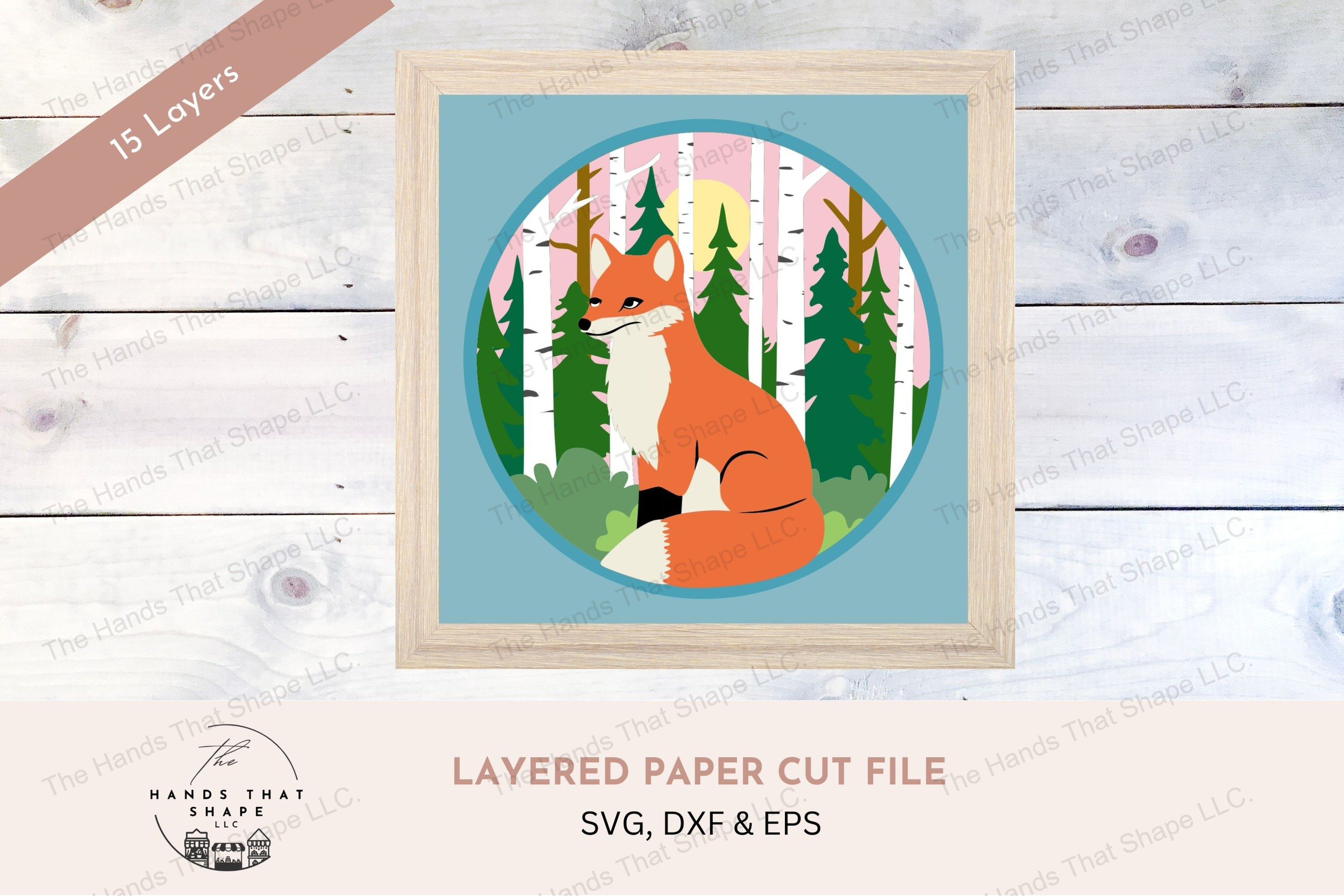 This 3d layered cardstock art piece vividly captures a serene fox sitting amid a birch forest, creating a peaceful and enchanting woodland tableau.